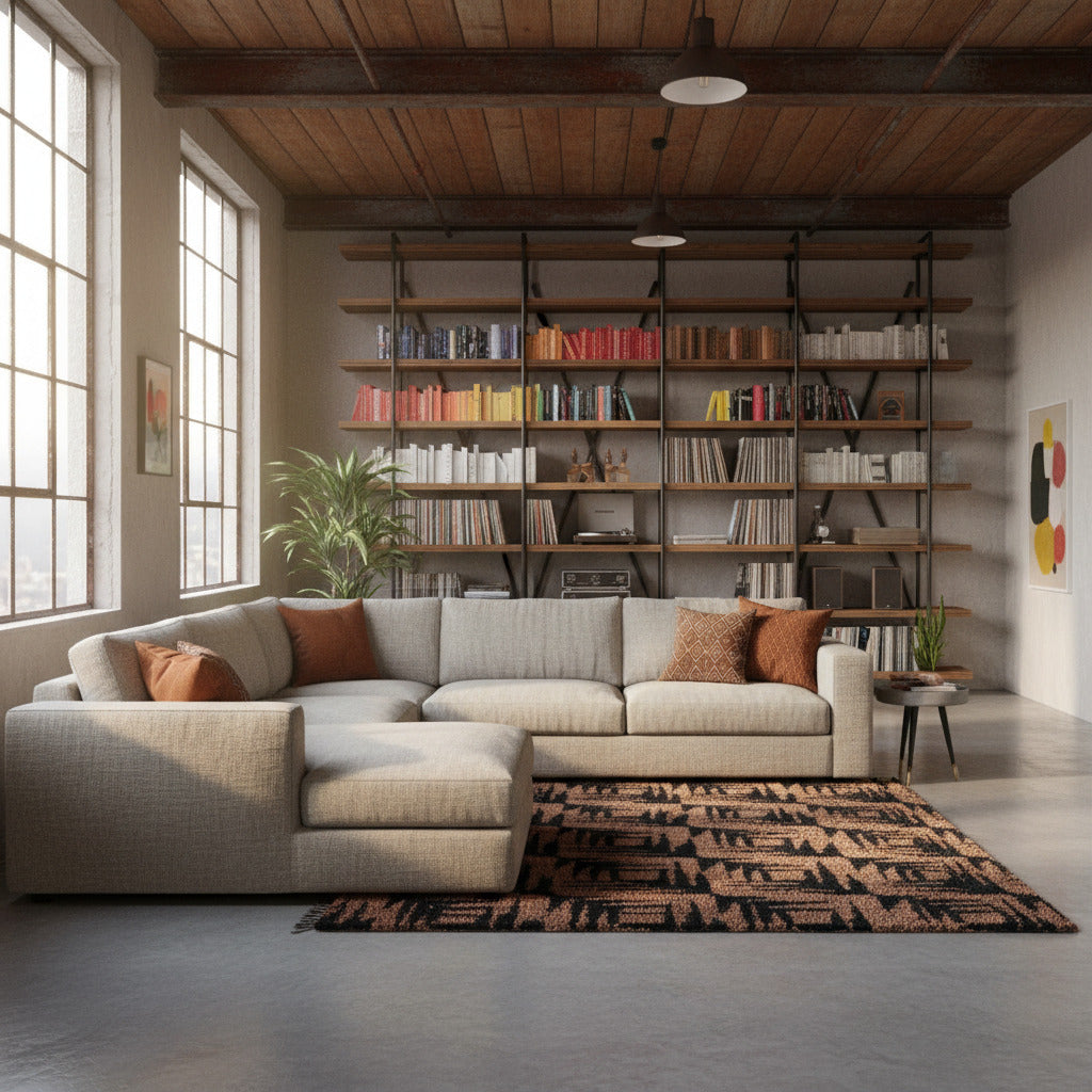 Loft avec canapé d'angle clair, bibliothèque murale et tapis marocain géométrique marron et noir