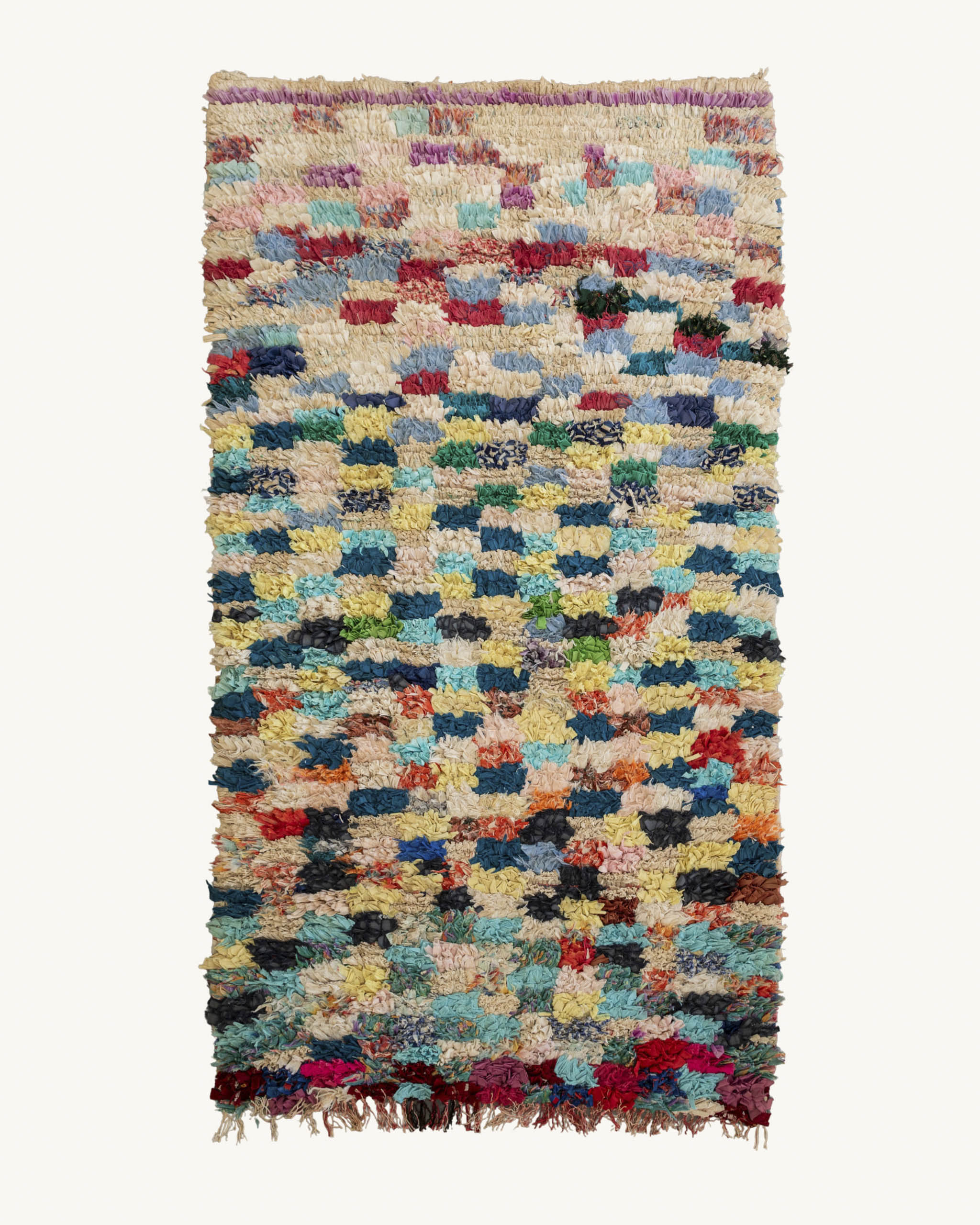 tappeto a quadretti multicolore in tessuti riciclati annodati a mano 195x100 cm