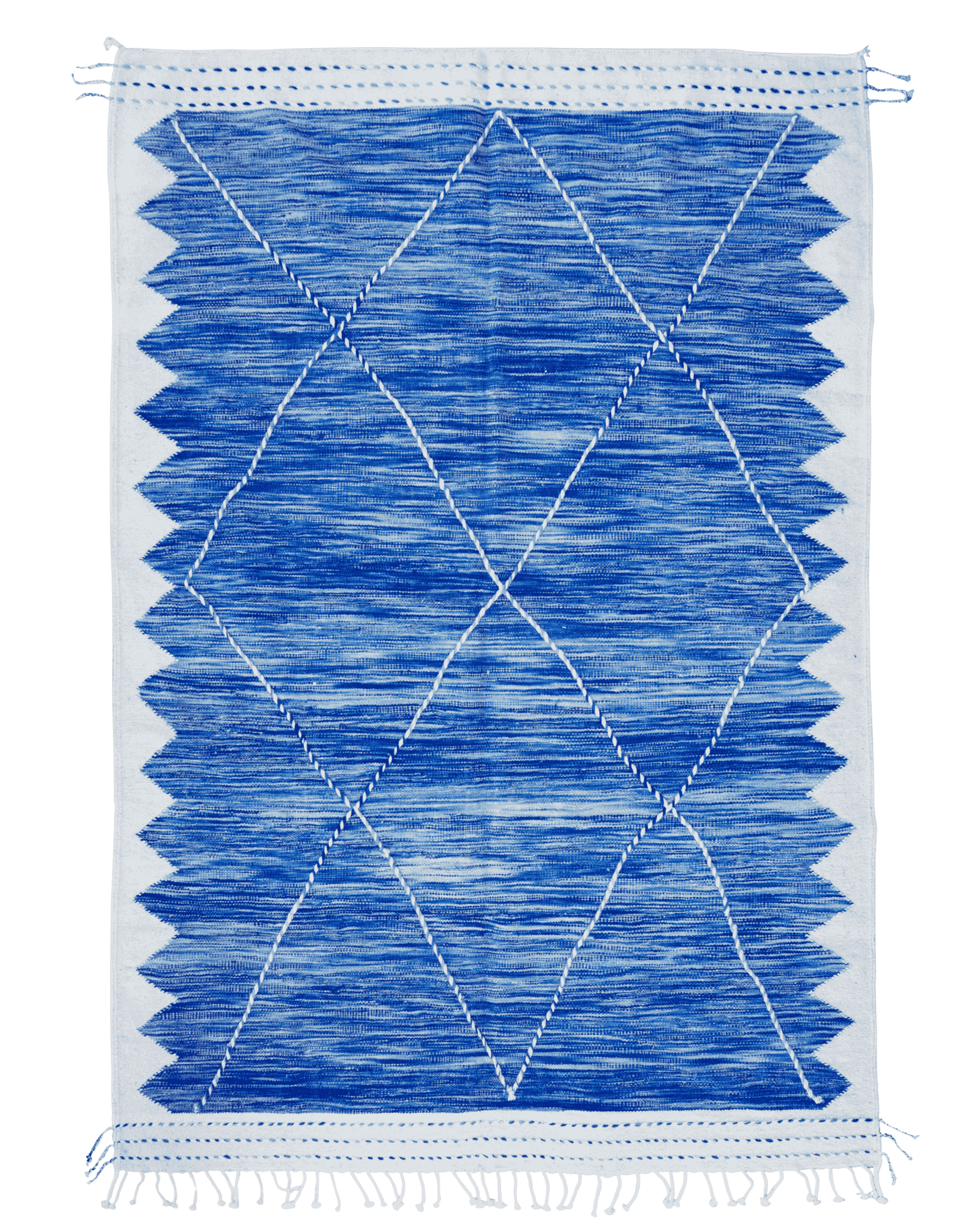 grande tappeto a tessitura piatta con bordo bianco e interno blu azzurro con rombi bianchi