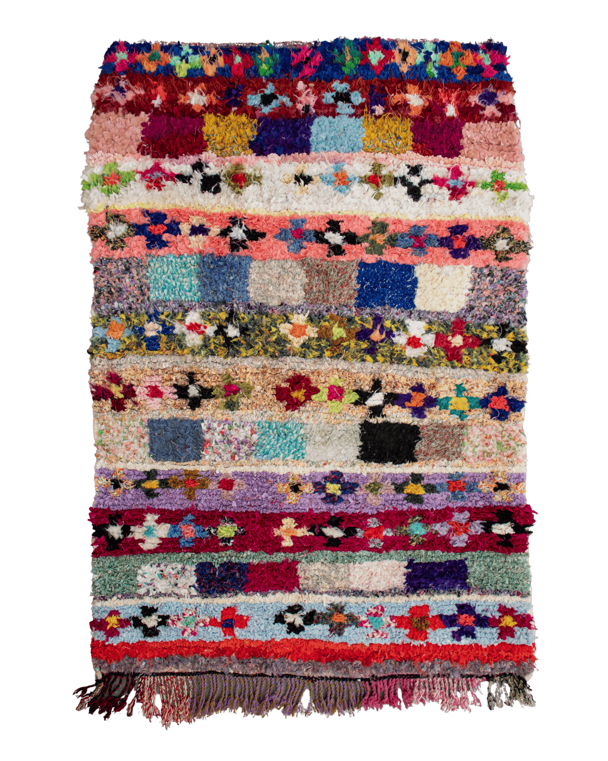 tappeto in tessuti riciclati coloratissimi design a righe con quadri e fiori stilizzati