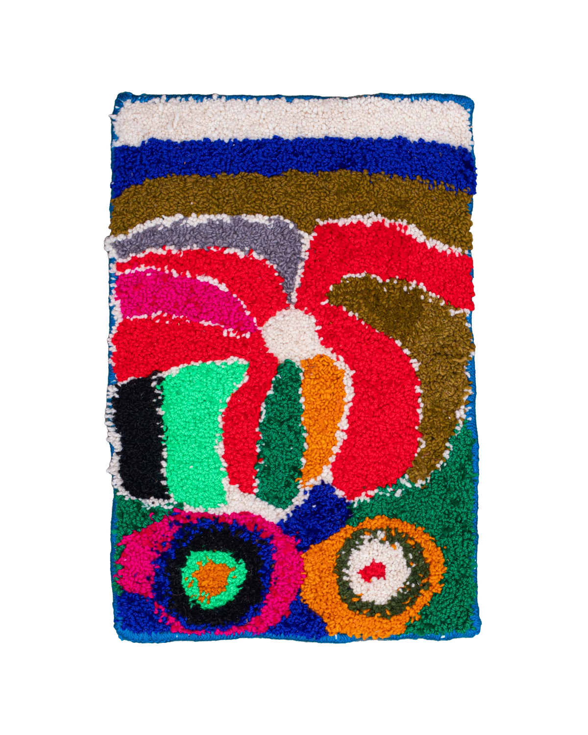 Piccolo tappeto / arazzo Zindekh marocchino 60x40 cm con fiore astratto multicolore, realizzato a mano in punch needle con tessuti riciclati