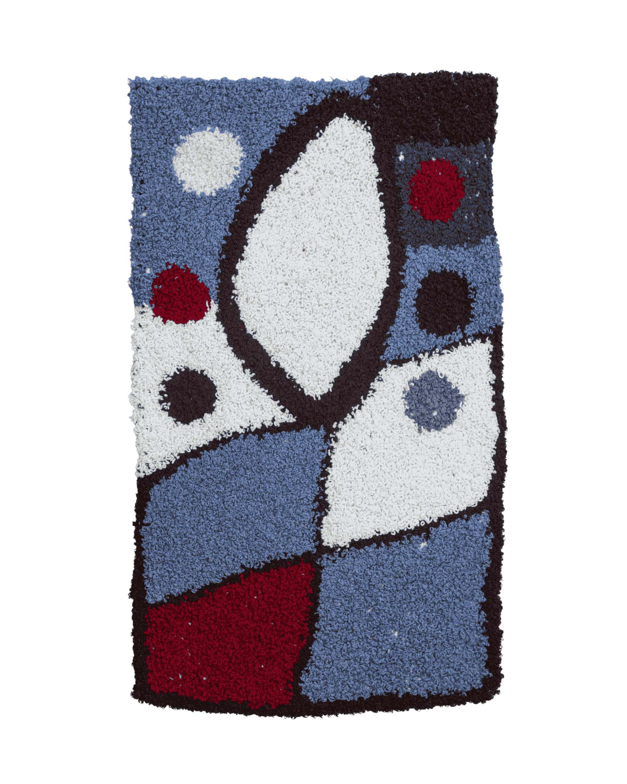 Tappetino o arazzo in punch needle dal decor retrò geometrico irregolare in blu ardesia, bianco, nero e bordeaux