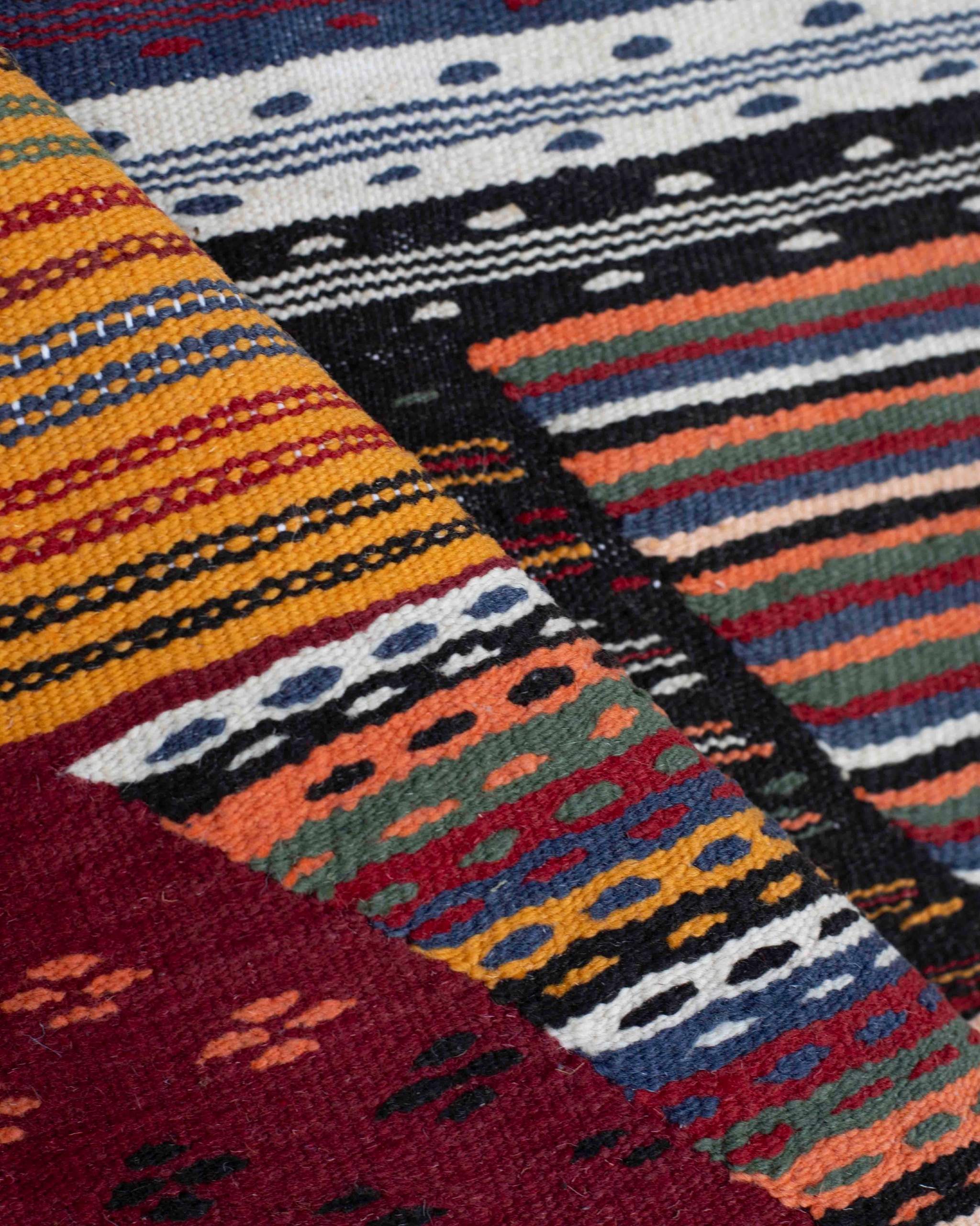 Dettaglio del ilim marocchino in lana multicolore tessuta a mano con fantasia geometrica e micropattern