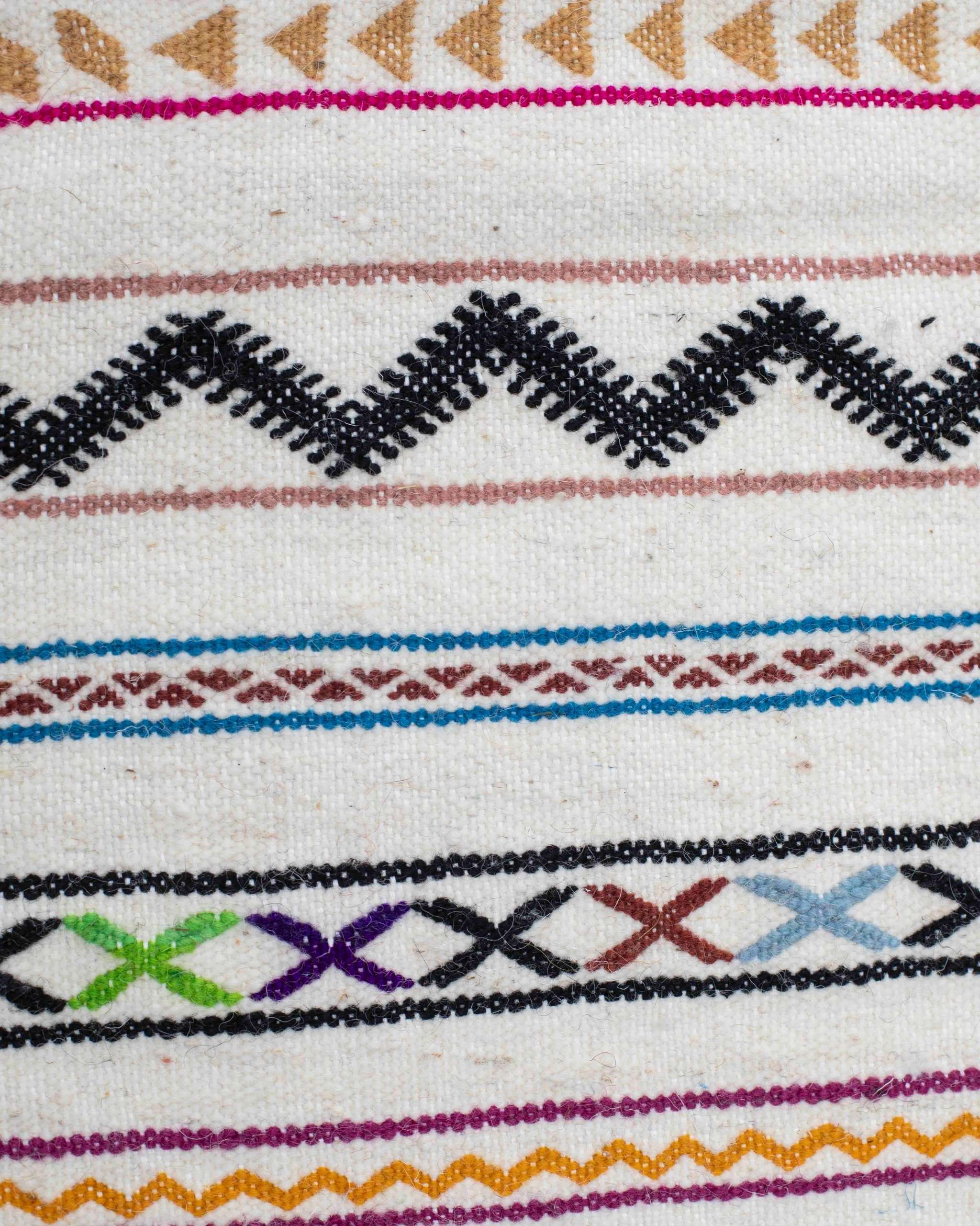 Dettaglio delle righe decorate con motivi berberi a zigzag, croci, triangoli e rombi sul tappeto kilim Zemmour marocchino