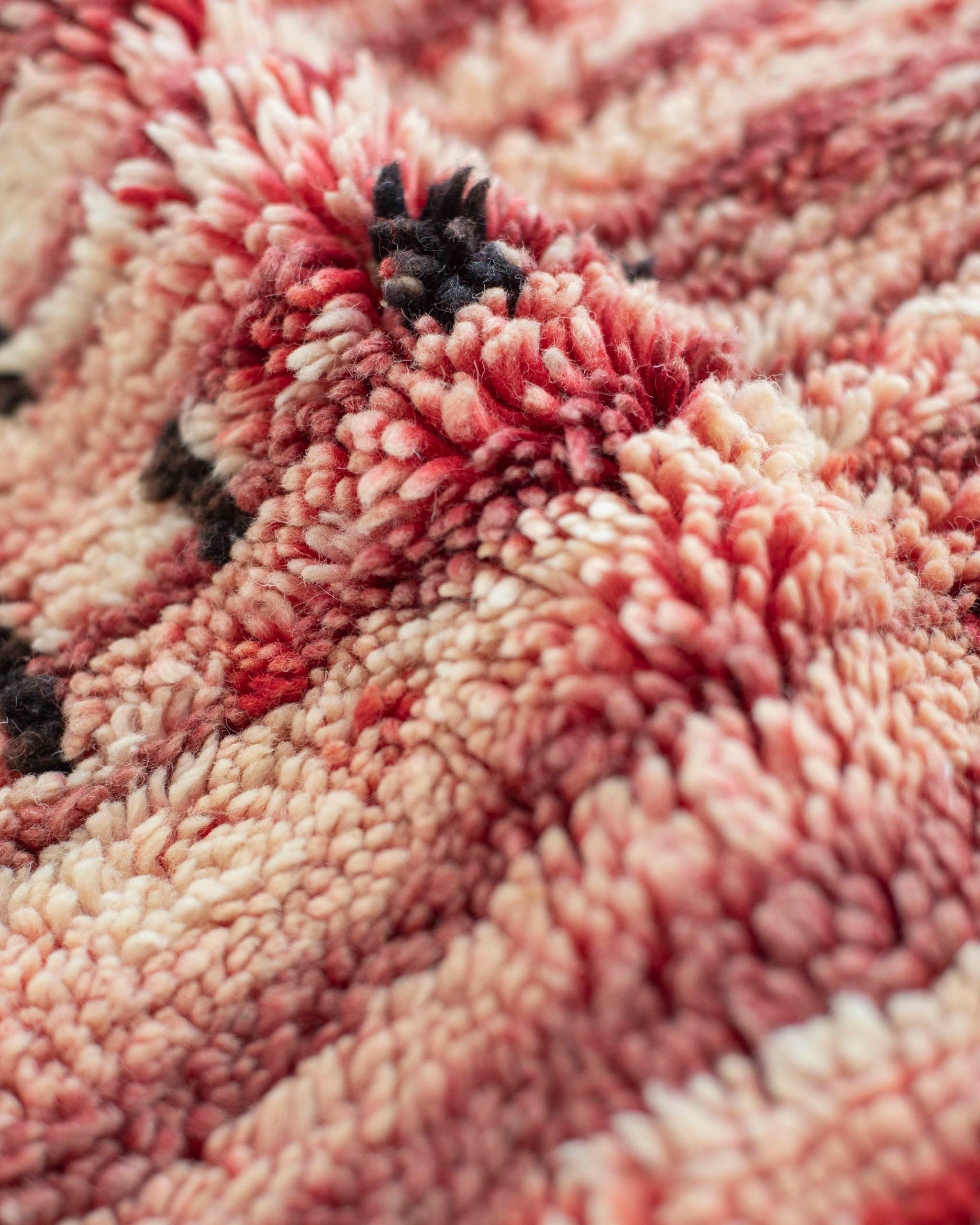 Dettaglio delle sfumature del vello del tappeto da rosso a rosa e da rosa a beige