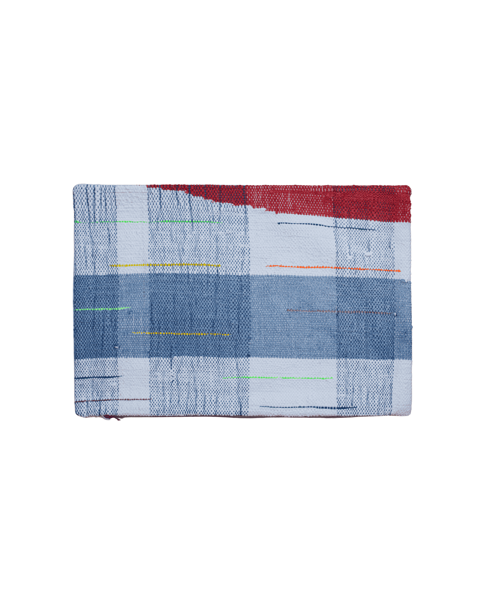 Federa per cuscino decorativo in tessuto a quadri azzurro, blu e bianco con spontanee linee colorate sparse