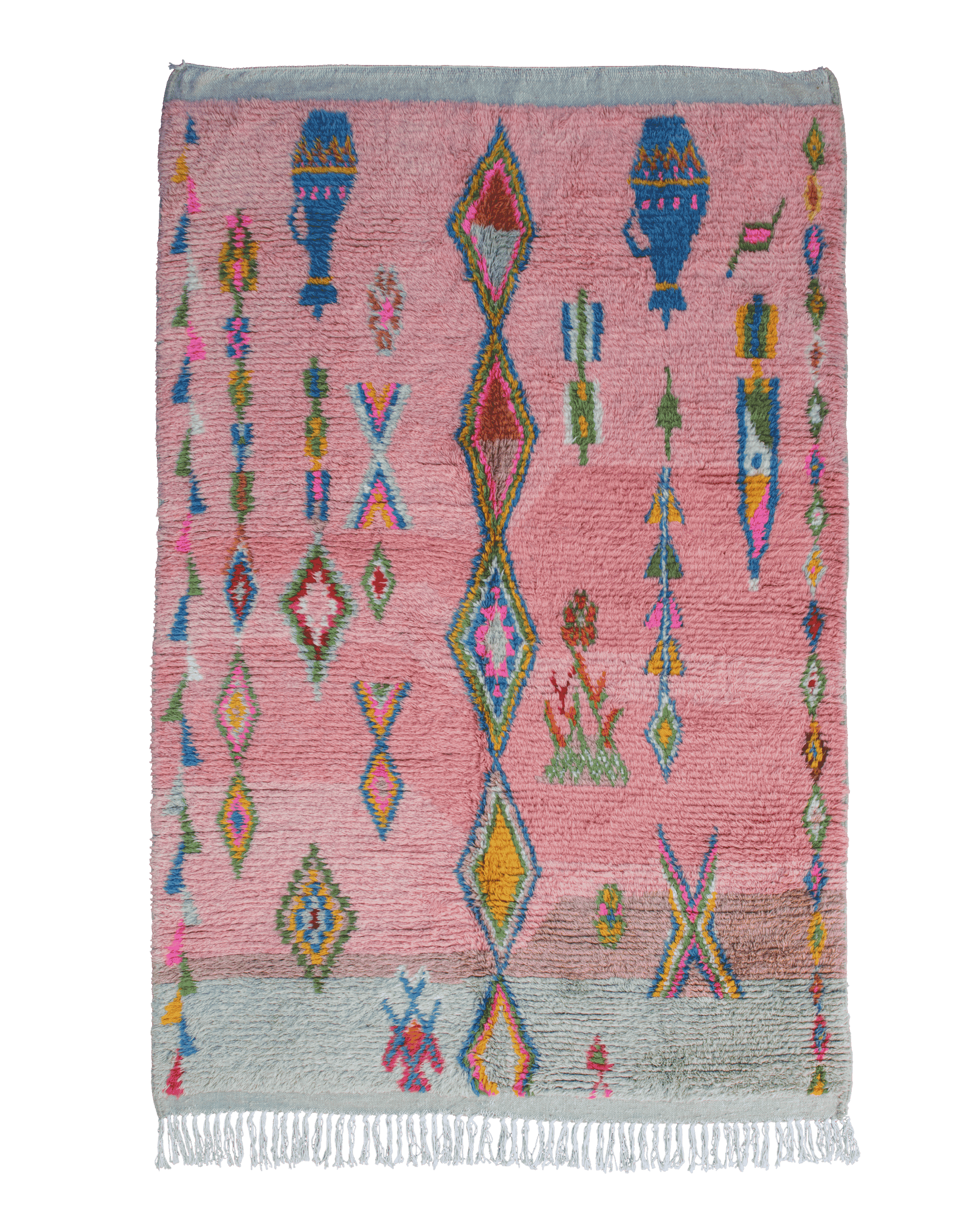 Grande tappeto in pura lana a pelo corto, fondo rosa con rombi e simboli berberi in blu, verde, giallo, bianco, rosso