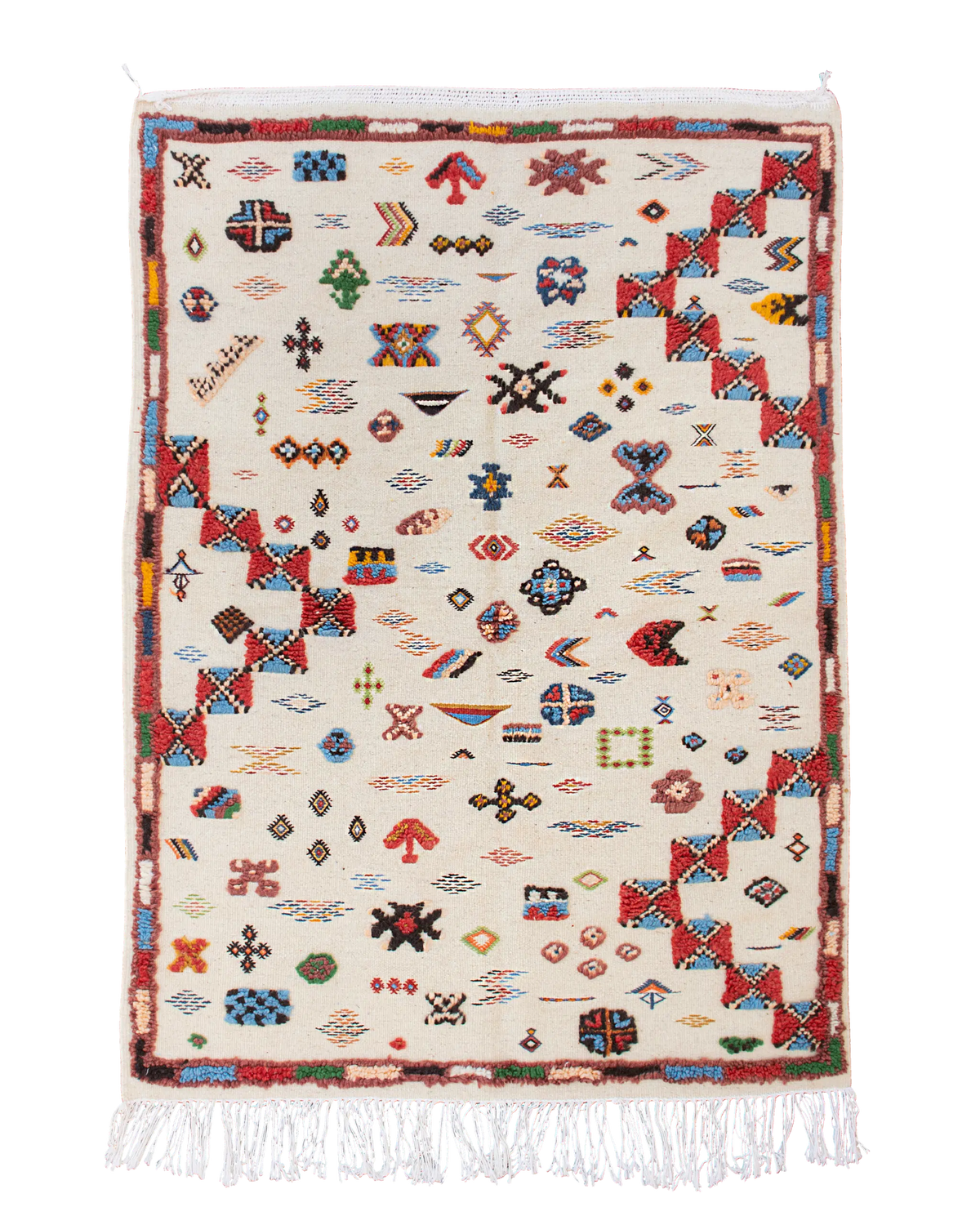 Kilim marocchino da ingresso 150×110 cm in lana con fondo écru e simboli tribali colorati
