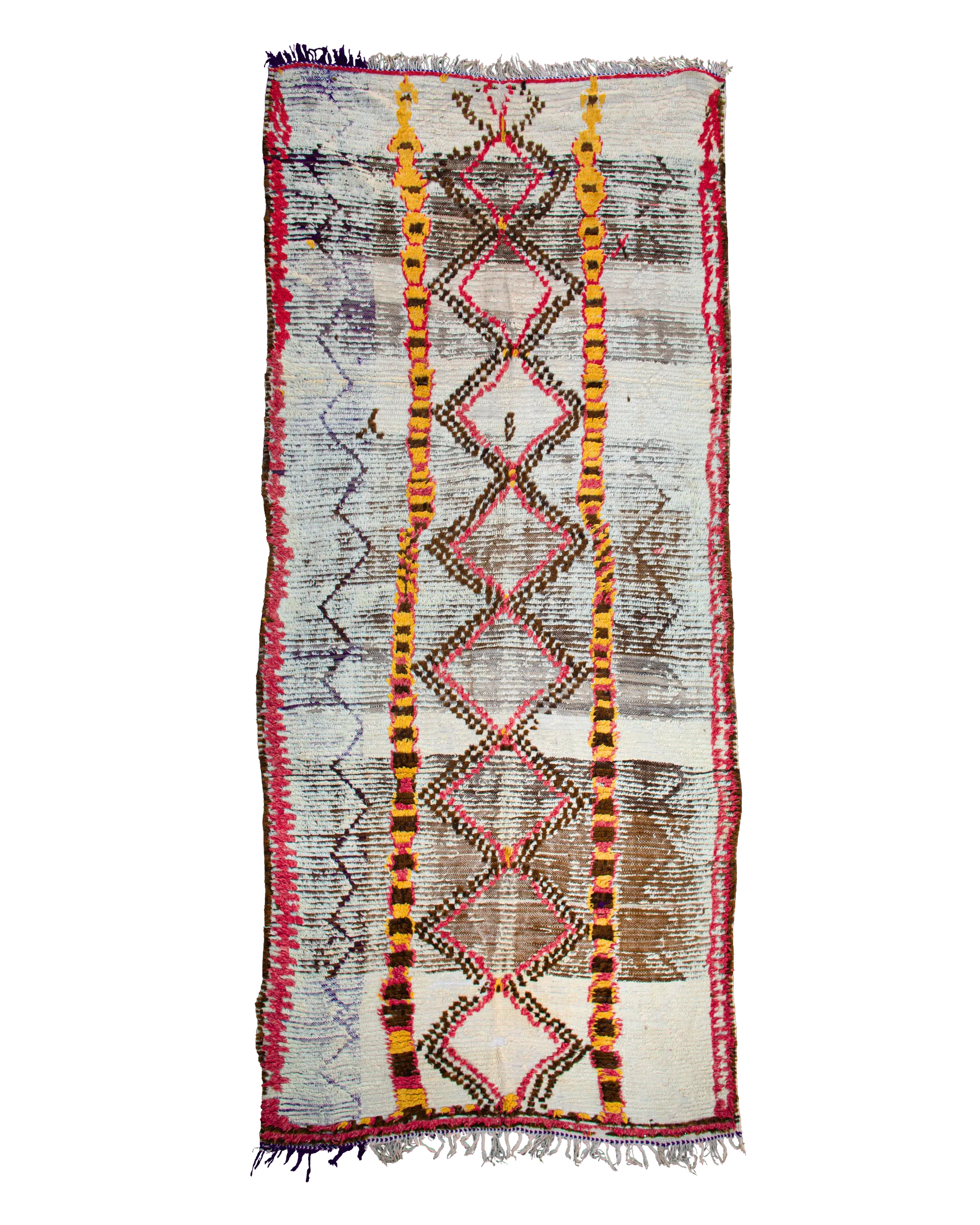 Passatoia Azilal vintage 310×123 cm in lana con rombi e righe nei toni del marrone, ocra, rosso e grigio