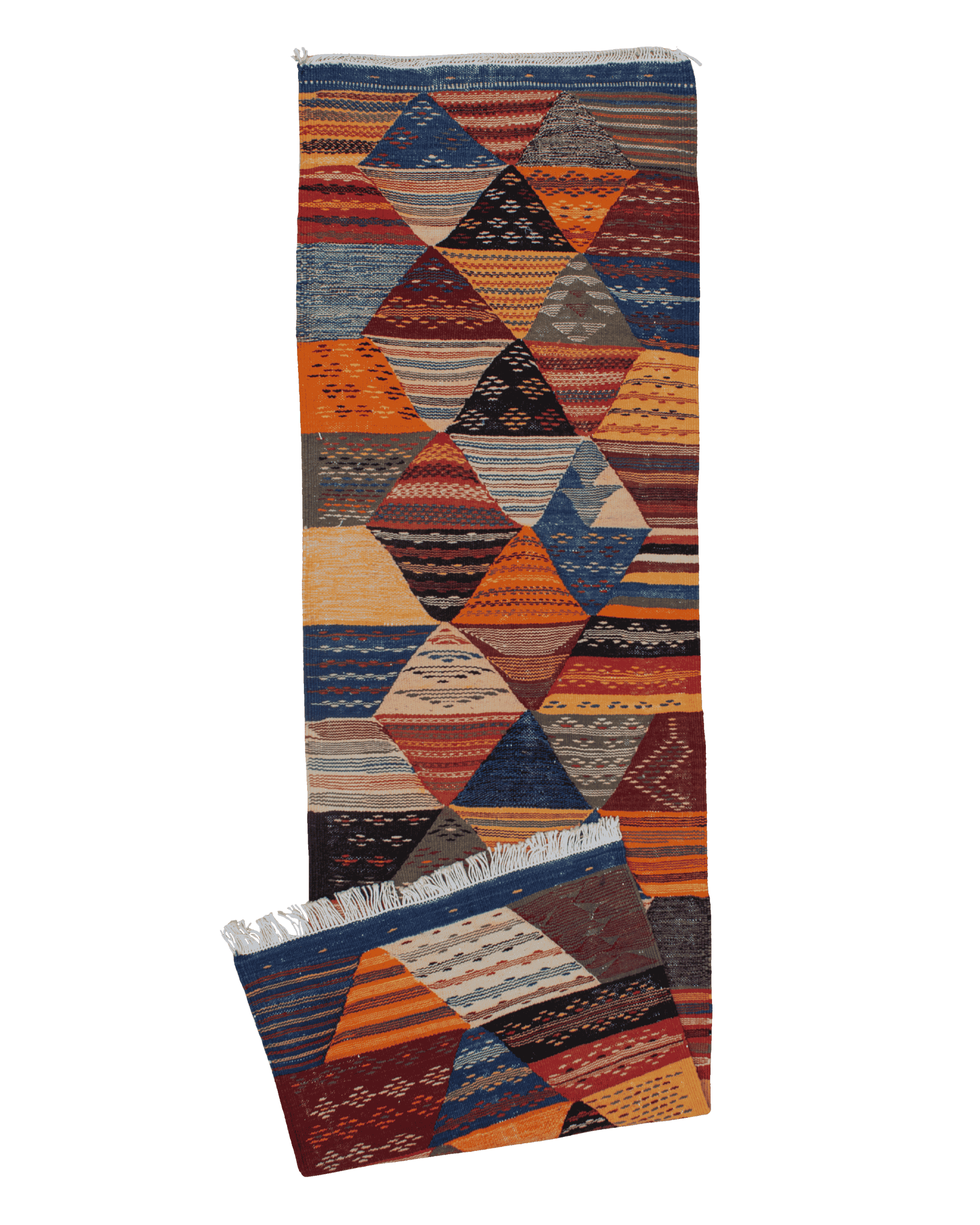 Tappeto passatoia kilim colorato 197x59 cm in lana a tessitura piatta con fantasia a triangoli e trapezi in colori caldi e freddi