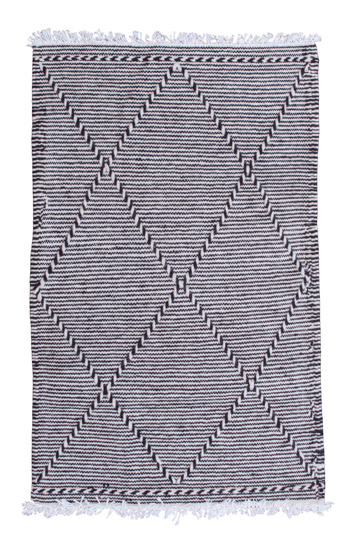 Piccolo tappeto marocchino Hanbel 95×60 cm in lana con motivo geometrico nero e blu su fondo bianco