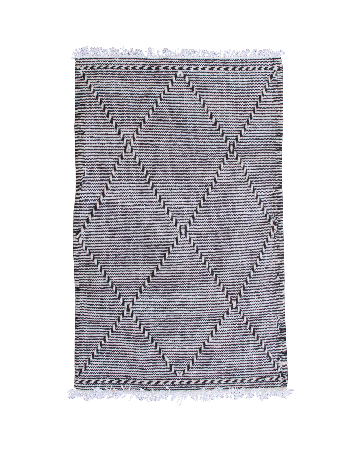 Piccolo tappeto marocchino Hanbel 95×60 cm in lana con motivo geometrico nero e blu su fondo bianco