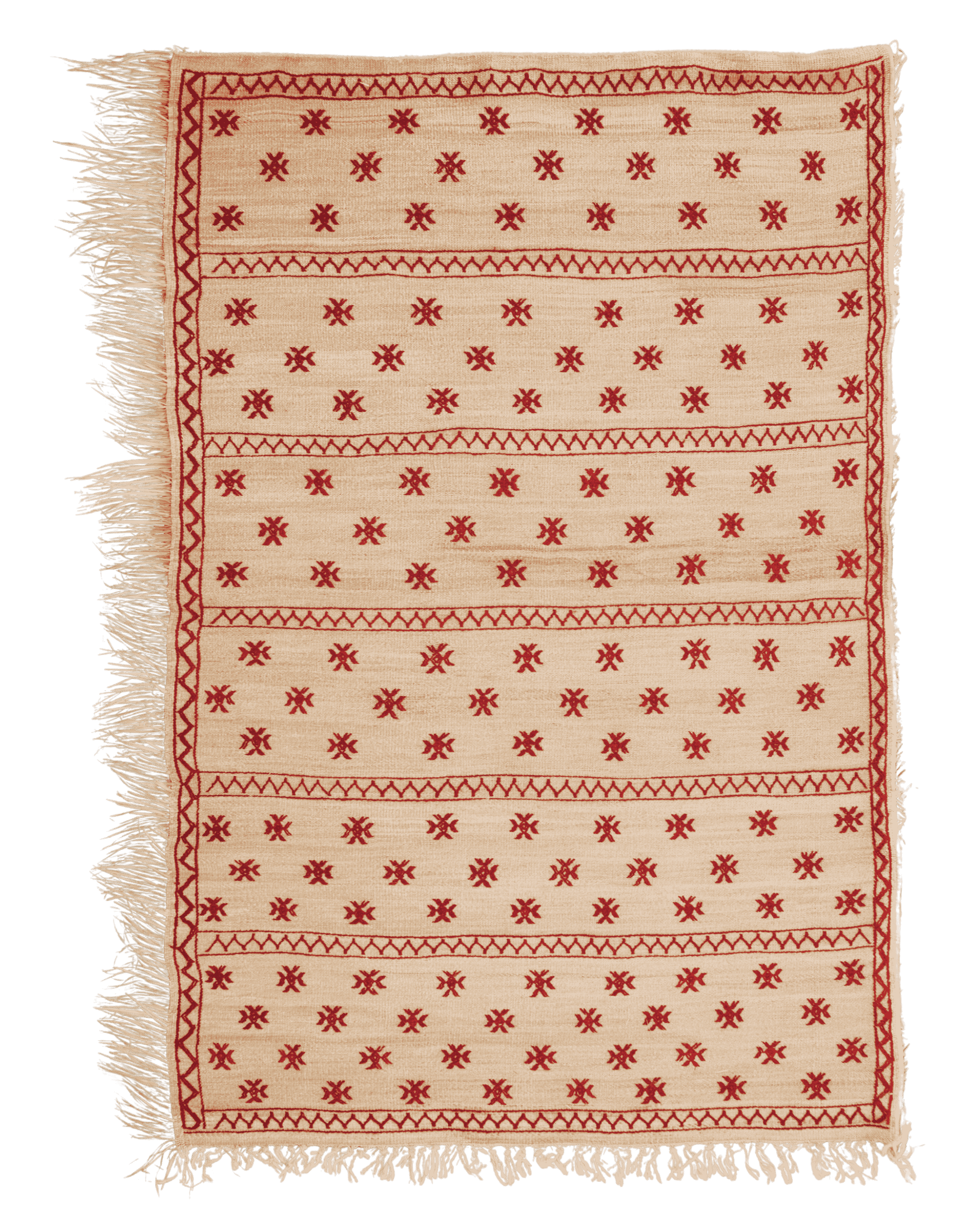 Stuoia hassira marocchina in paglia intrecciata naturale con simboli berberi rossi