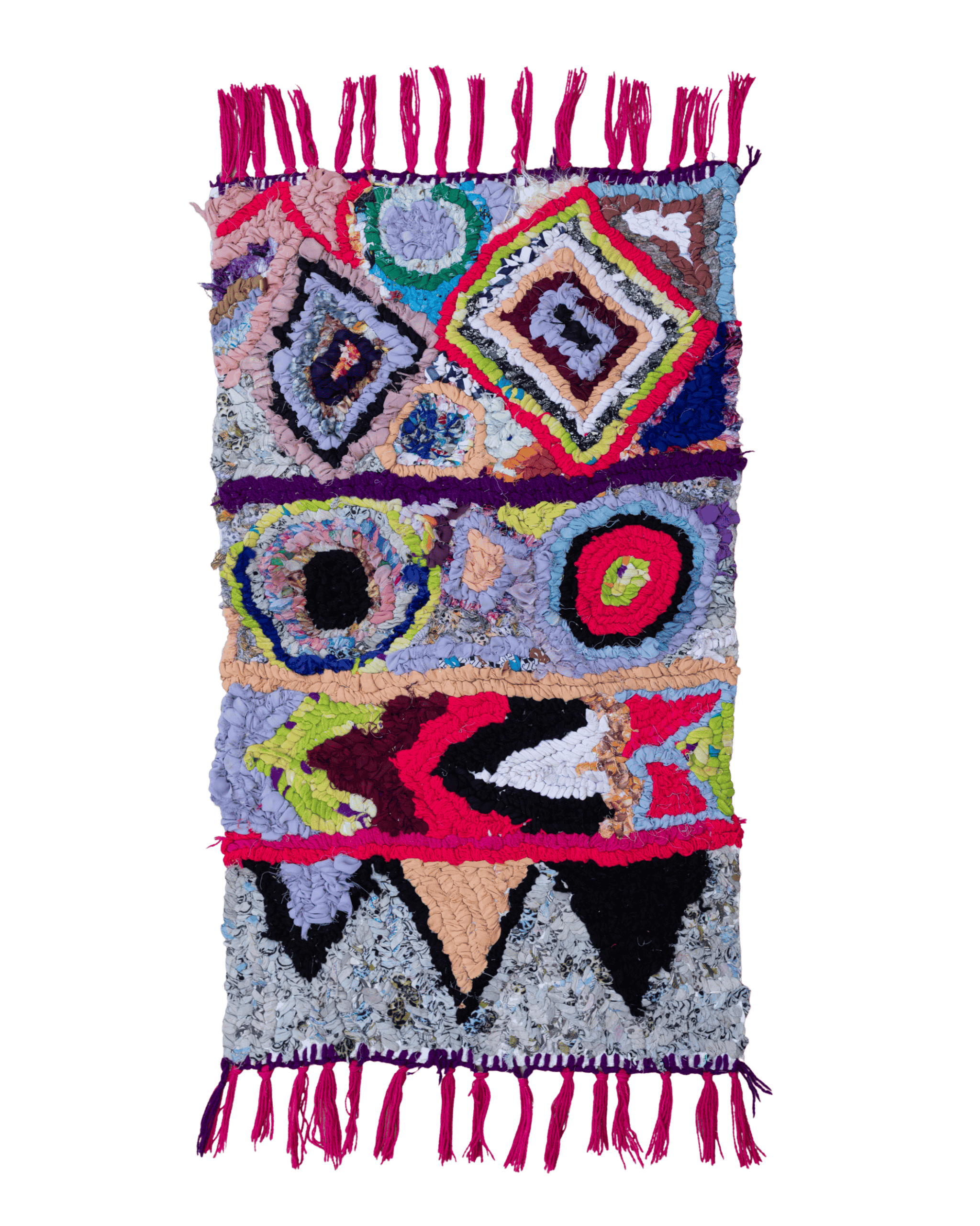 Tappetino folk-art per bagno o cucina, in tessuti misti riciclati. Design multicolore con cerchi, rombi, triangoli, righe