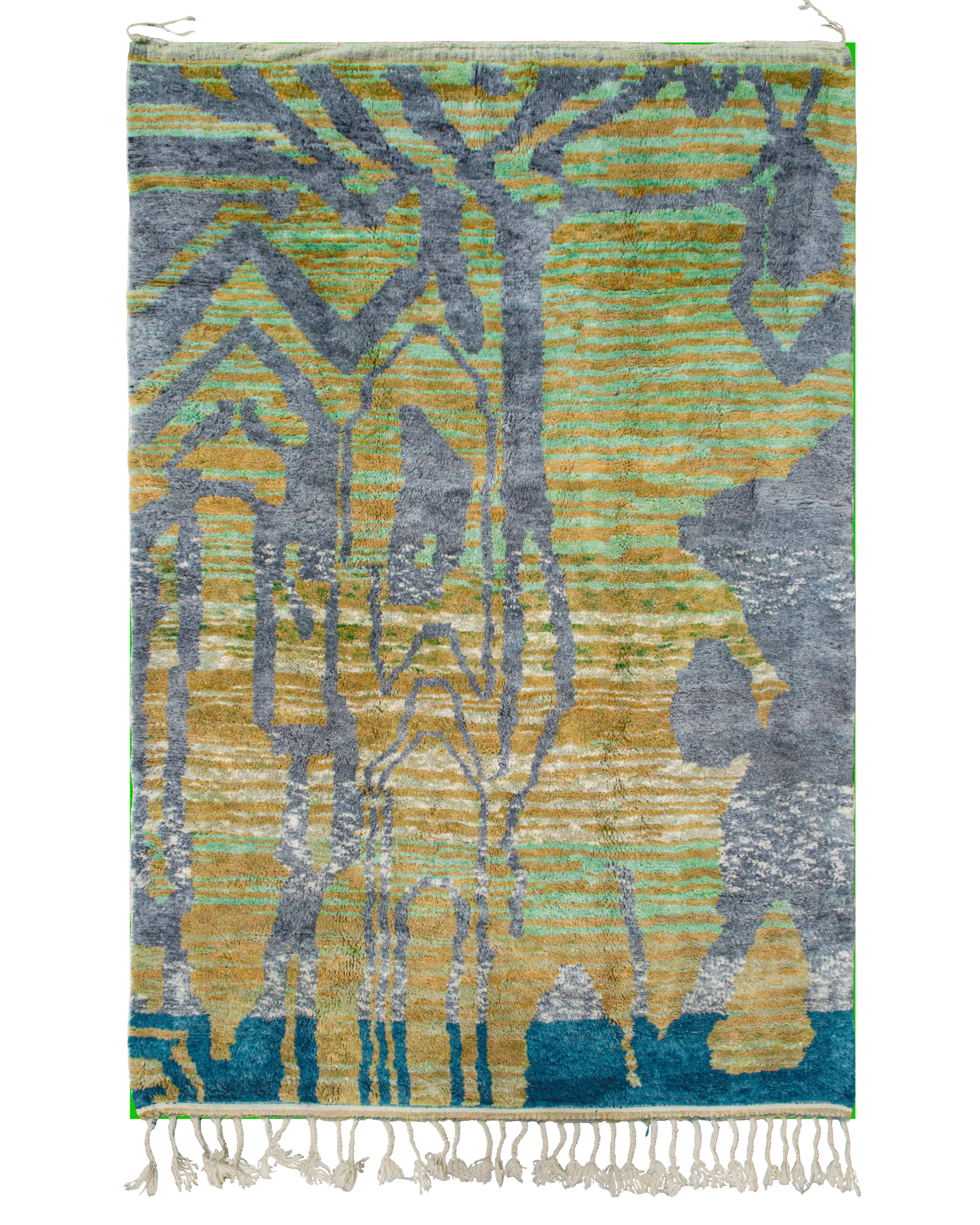 Tappeto berbero astratto 307×207 cm in pura lana con righe verdi acqua e oliva e disegno astratto grigio e blu petrolio