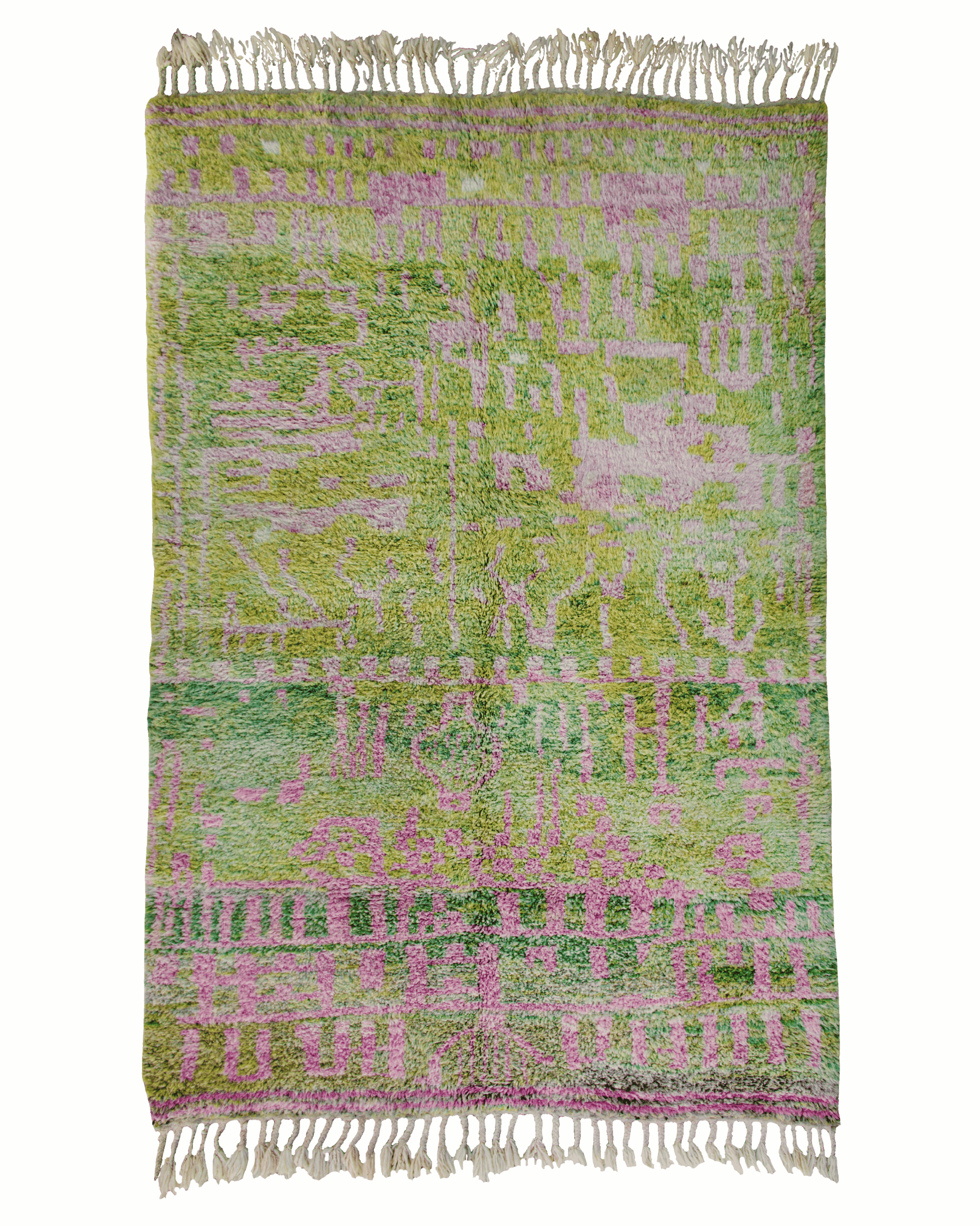 Tappeto verde e rosa Beni Ourain 250×163 cm in pura lana annodata a mano con disegno astratto