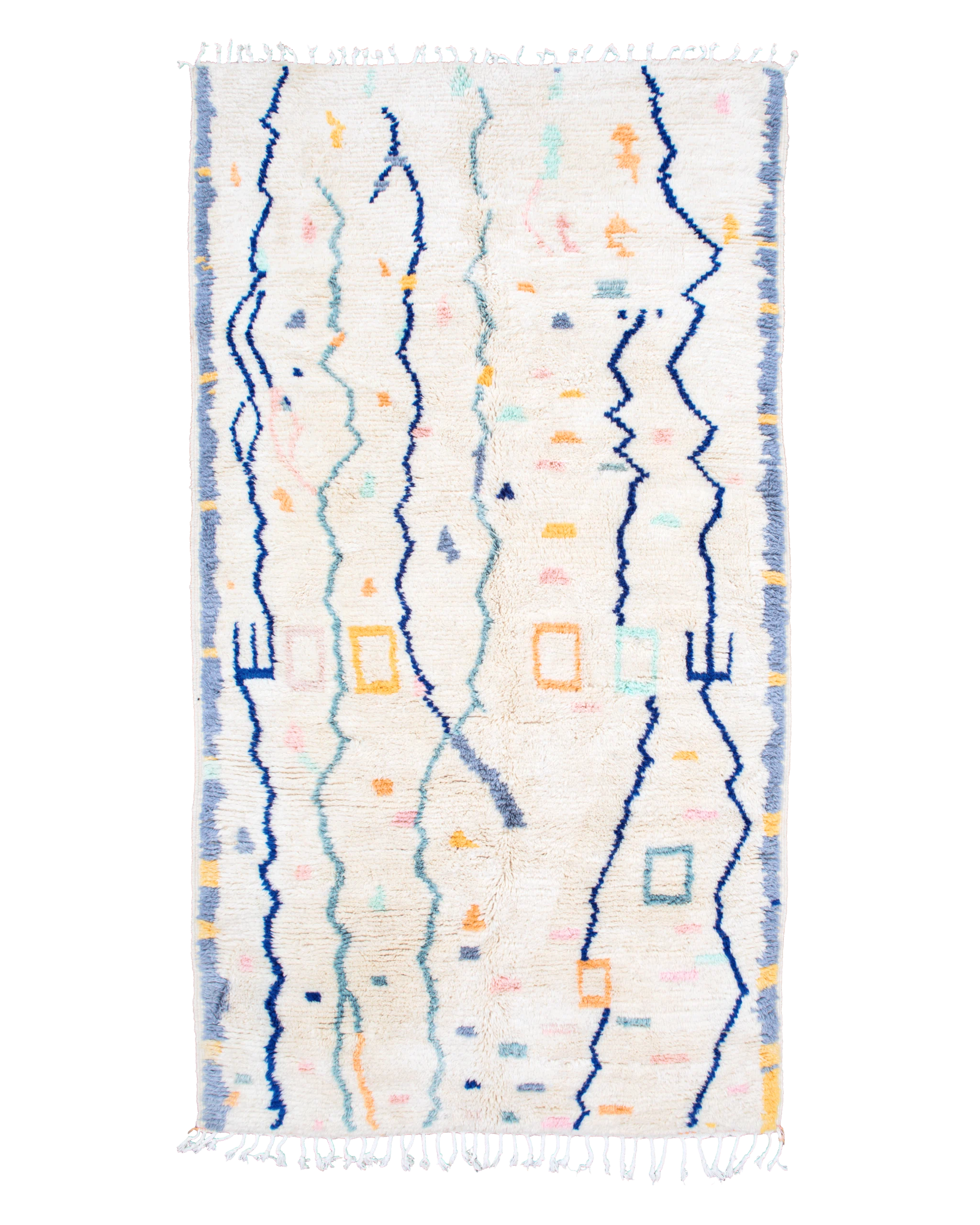 Tappeto Azilal bianco avorio 267×140 cm in pura lana con linee blu, turchesi e piccoli segni colorati sparsi come coriandoli