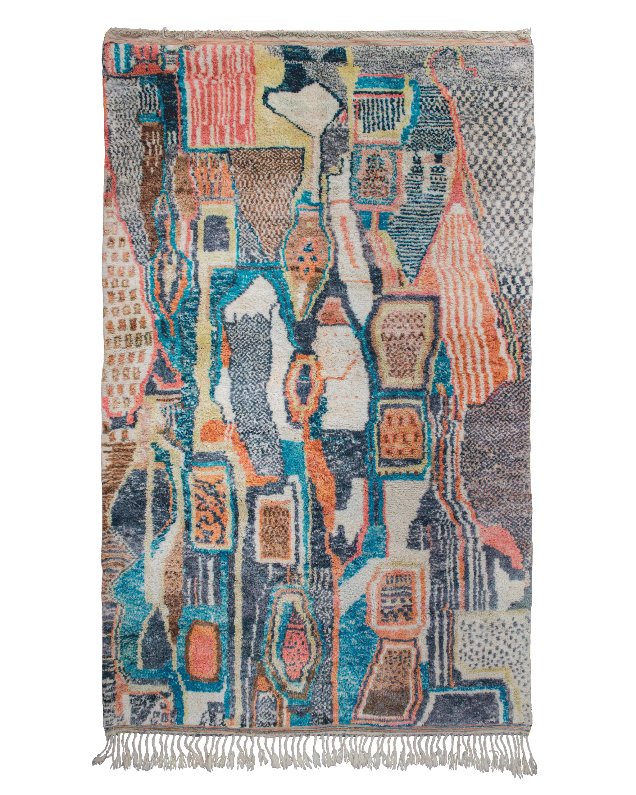 Tappeto berbero colorato in pura lana 310×200 cm con disegno astratto multicolor a segni grafici blu, azzurri, corallo, marroni, verdi, neri e bianchi