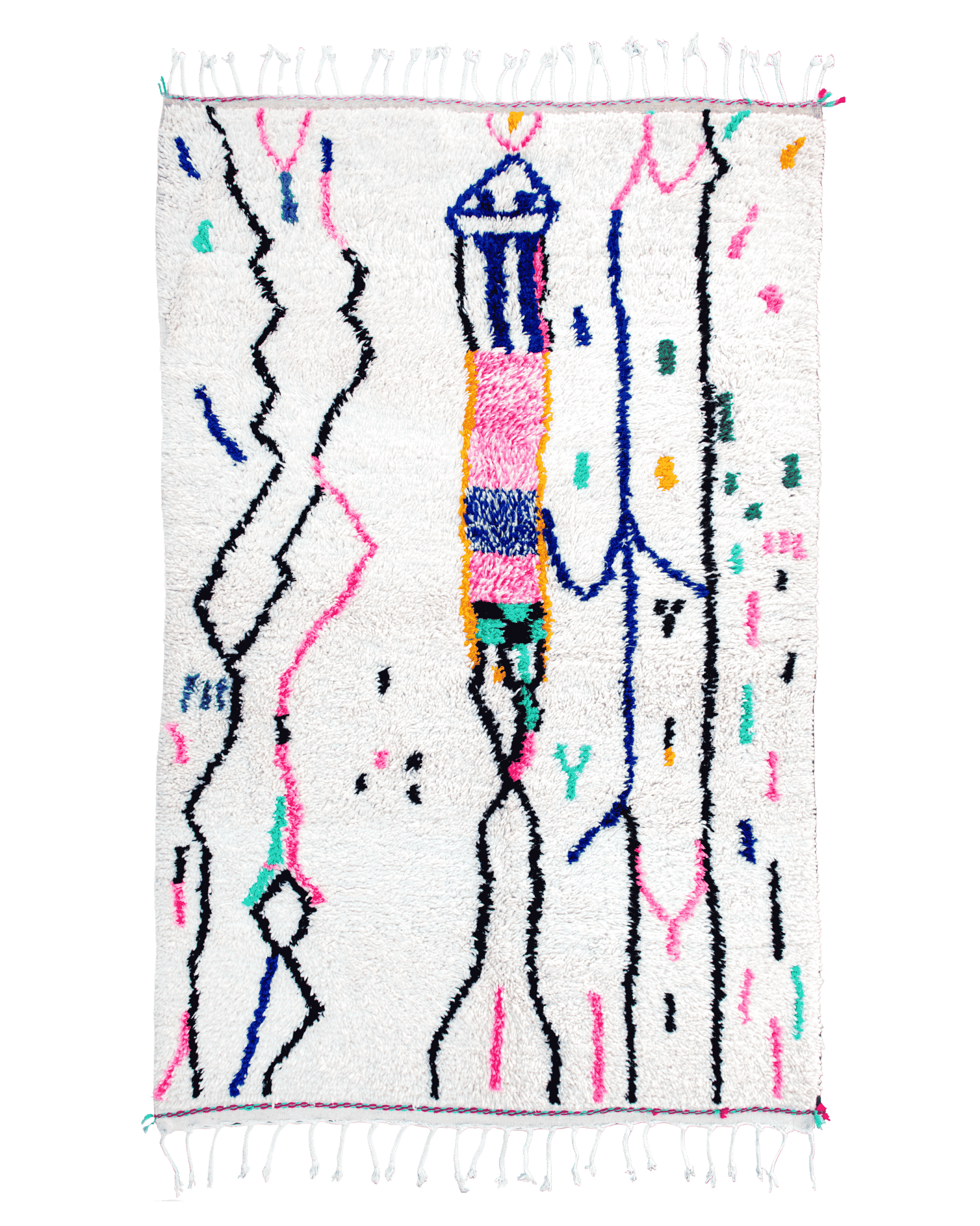 Tappeto berbero in pura lana bianca con disegno astratto di linee e forme nere, rosa, blu, verde acqua e gialle.