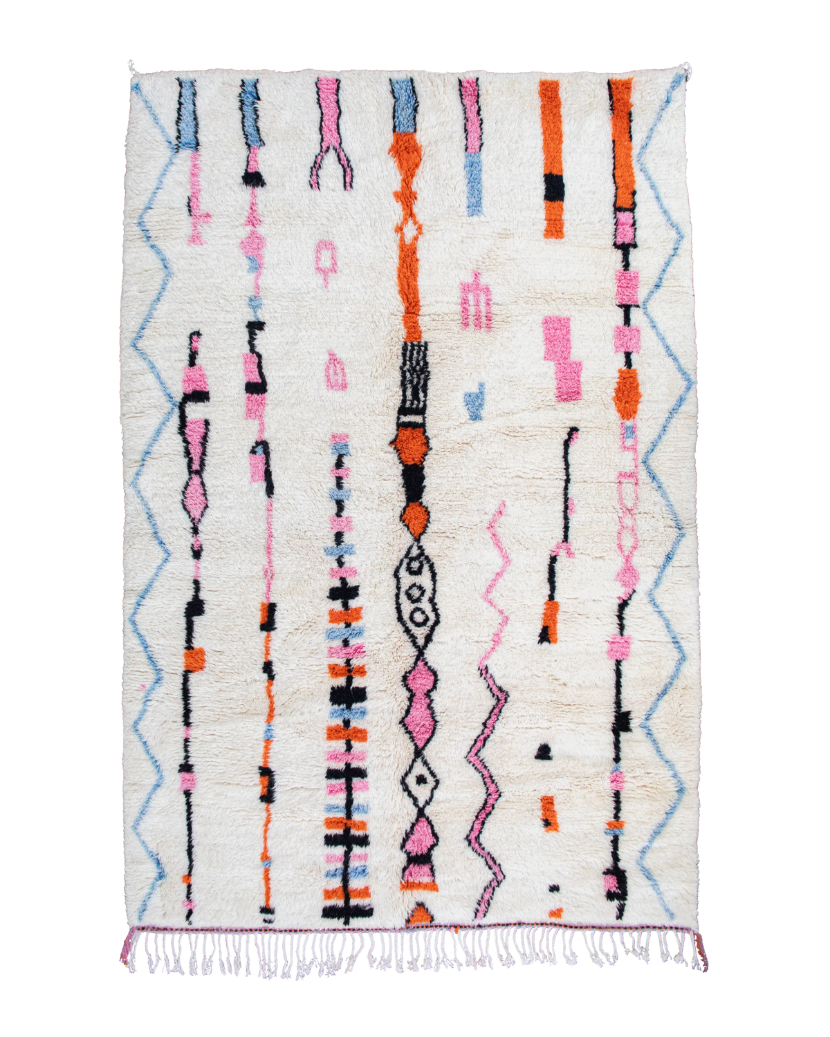 Tappeto berbero bianco Azilal 250×170 cm con segni grafici verticali rosa, neri, arancioni e azzurri