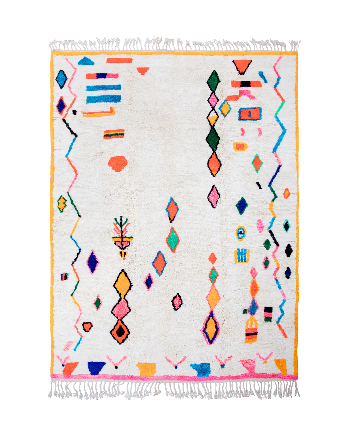 Grande tappeto berbero colorato Azilal 348×255 cm con fondo bianco, rombi e simboli multicolore