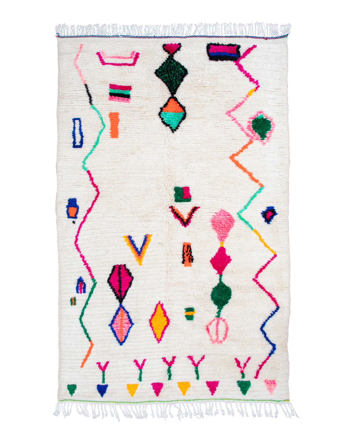Tappeto Azilal bianco con simboli geometrici colorati 250×140 cm
