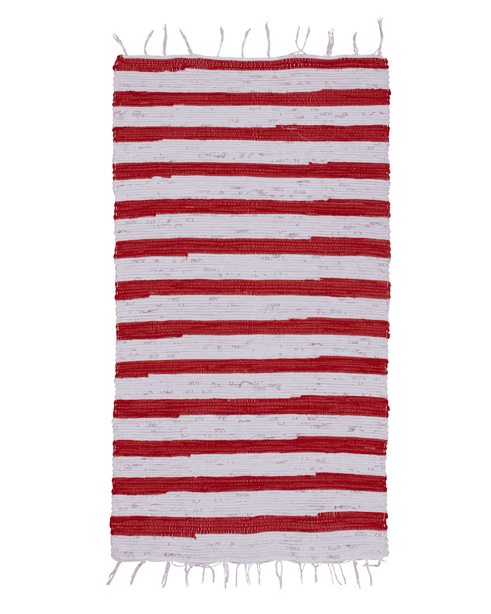 Tappeto Boucherouite marocchino 123×65 cm a righe rosse e bianche con frange, in tessuti riciclati annodati a mano