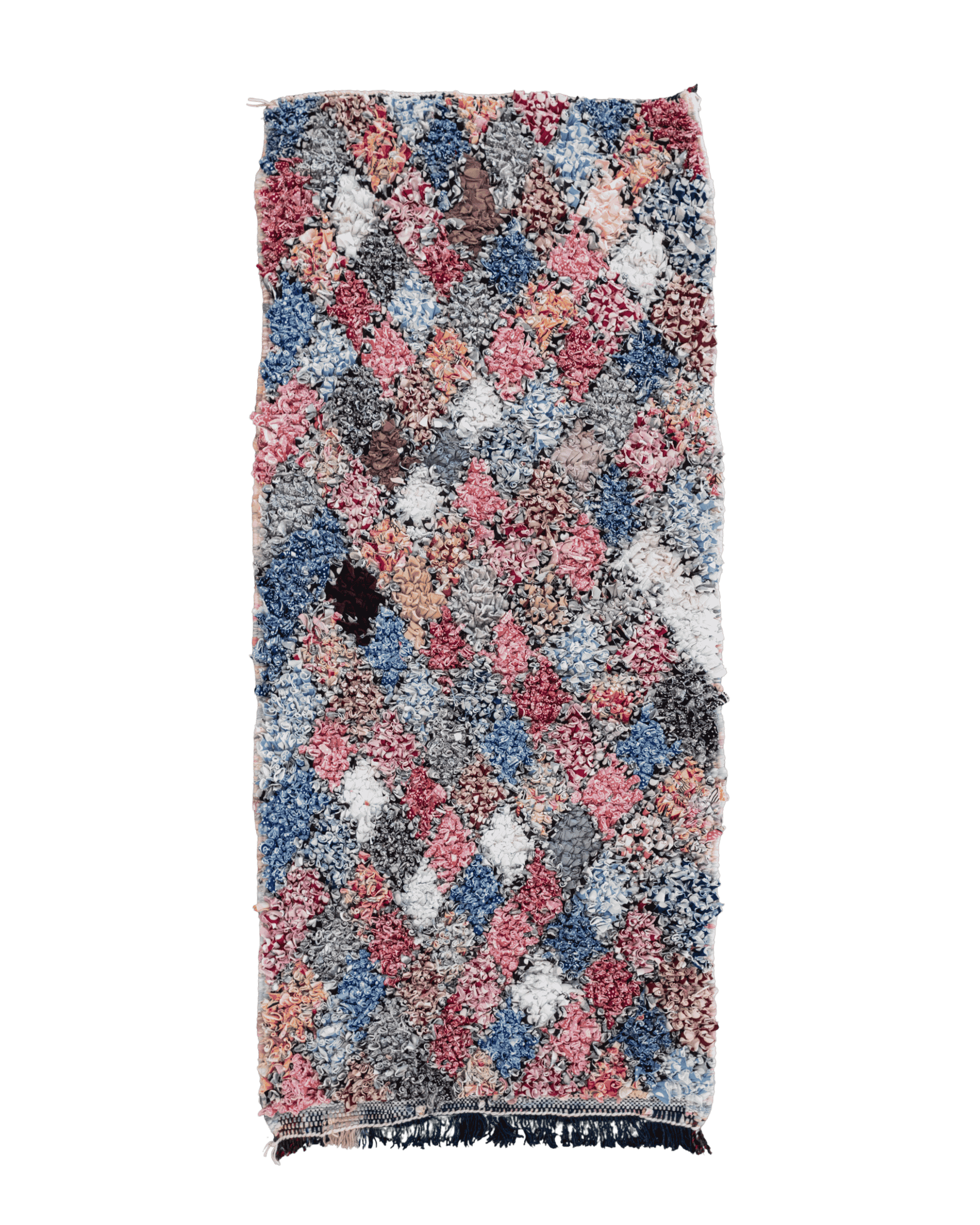 Tappeto Boucherouite a rombi multicolore effetto puntinato con un rombo nero, formato runner 105×52 cm