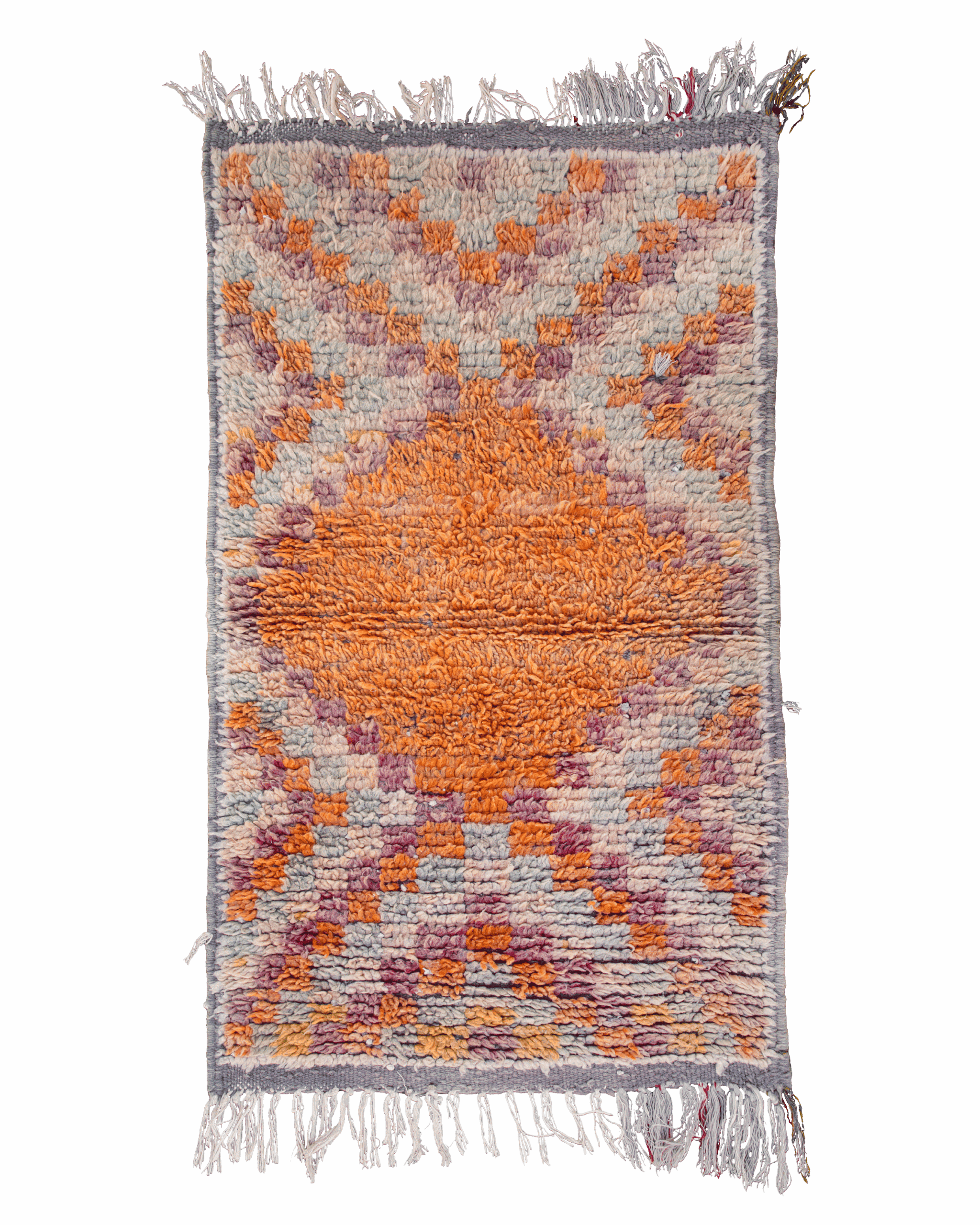 Tappeto vintage piccolo per bagno, ingresso o cucina 120×67 cm in lana con rombo arancione e quadretti pastello lilla, celesti e rosa