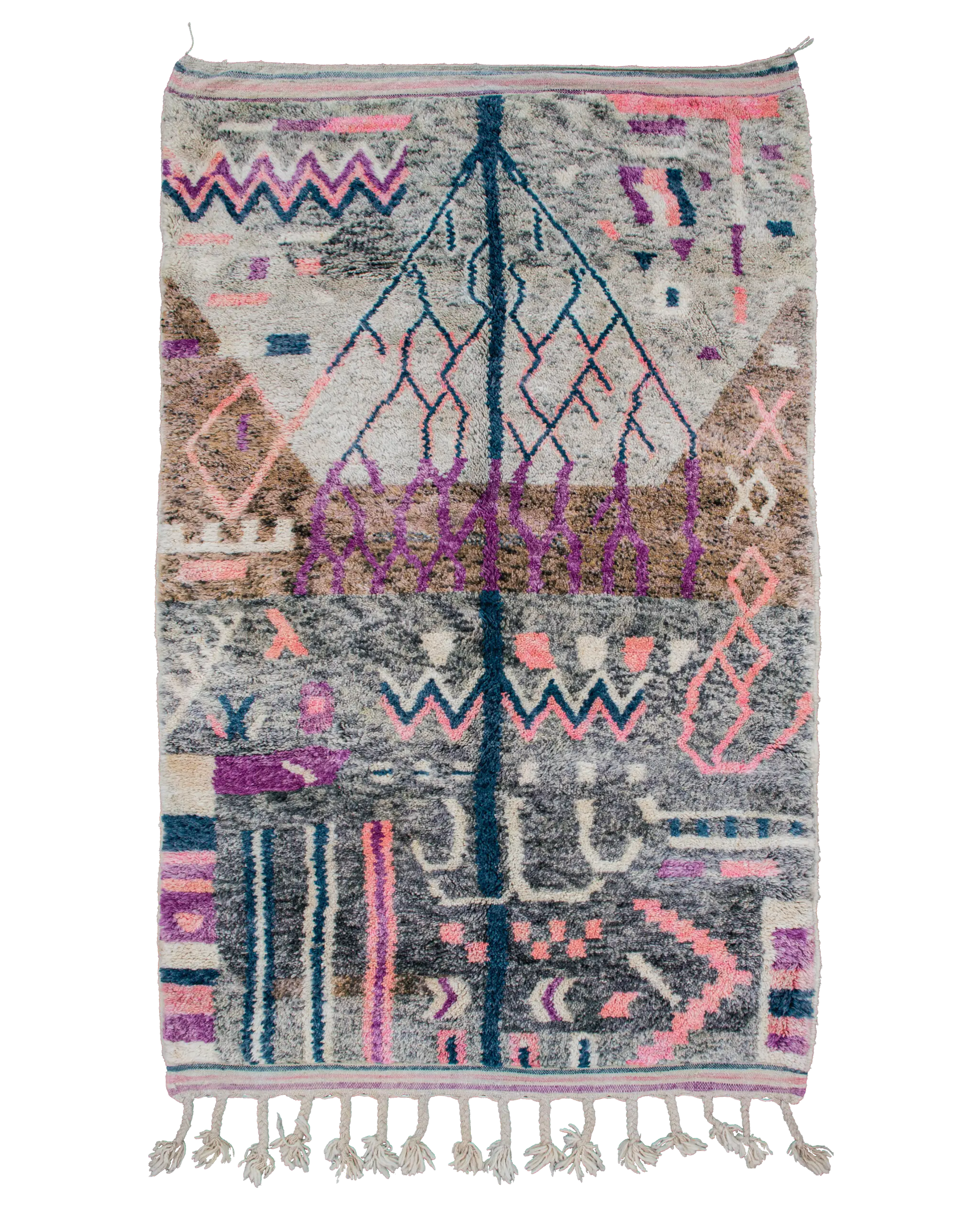 Tappeto astratto Beni Ourain 255×150 cm in pura lana con disegno geometrico asimmetrico rosa, viola e blu petrolio su fondo grigio-beige