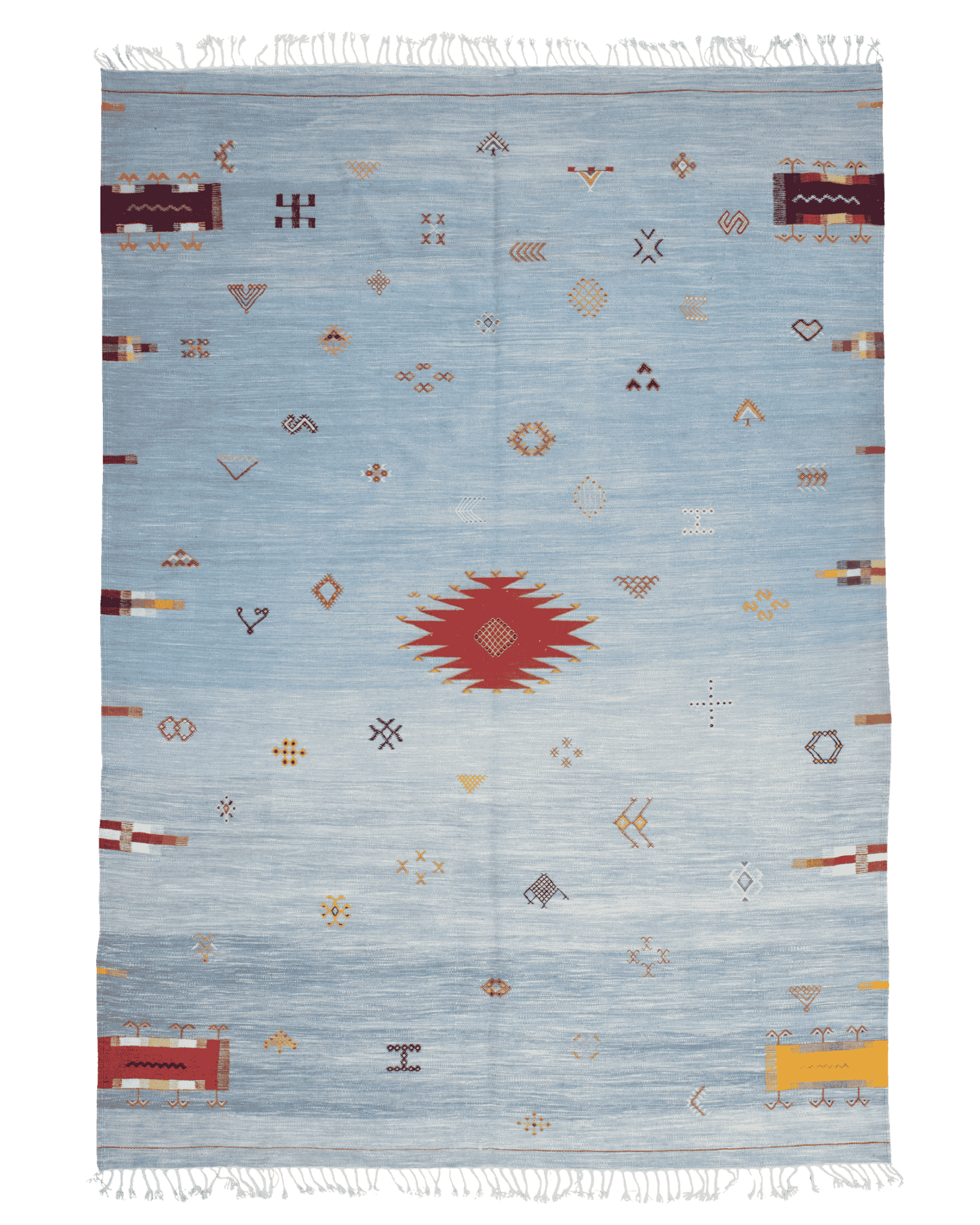 Tappeto kilim marocchino 217×300 cm in 100% lana di pecora, tessitura piatta azzurro polvere con abrash, simboli amazigh multicolore e medaglione centrale rosso