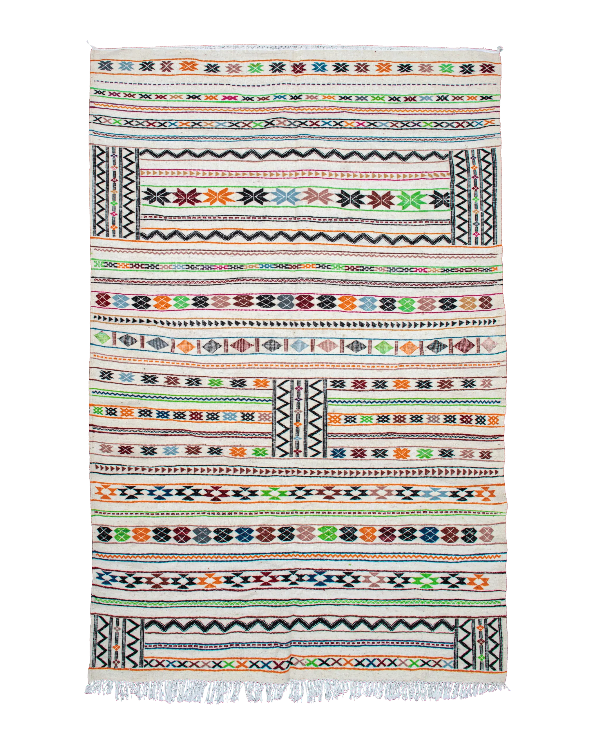Tappeto kilim marocchino Zemmour 249×156 cm in pura lana con righe e motivi berberi multicolore