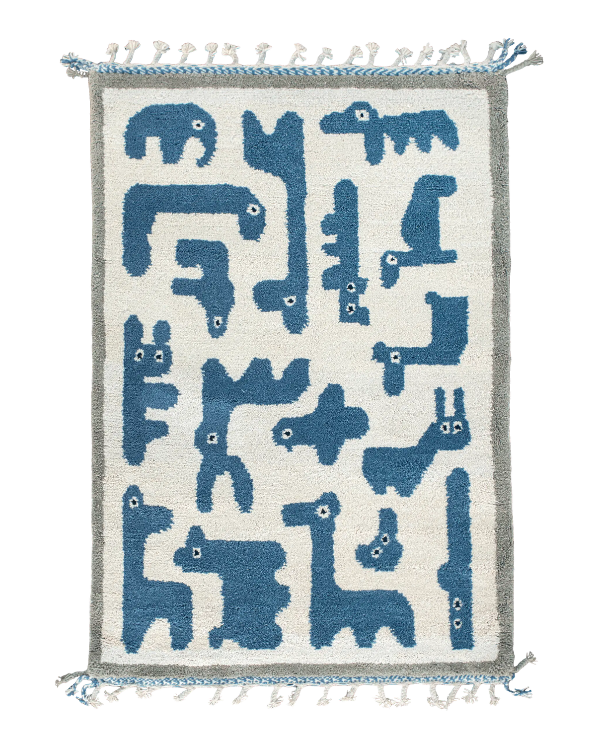 Tappeto Animauì 200×125 cm in lana per cameretta con animali stilizzati azzurro carta da zucchero su fondo bianco con cornice grigia