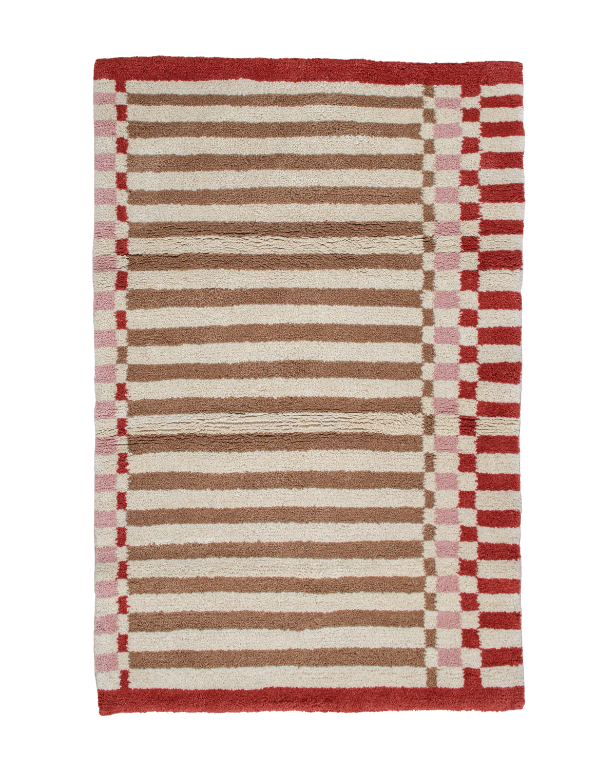 Tappeto in lana a righe marrone sabbia, rosse, bianco crema e bordo geometrico a scacchi rosa Linhas 195×120 cm