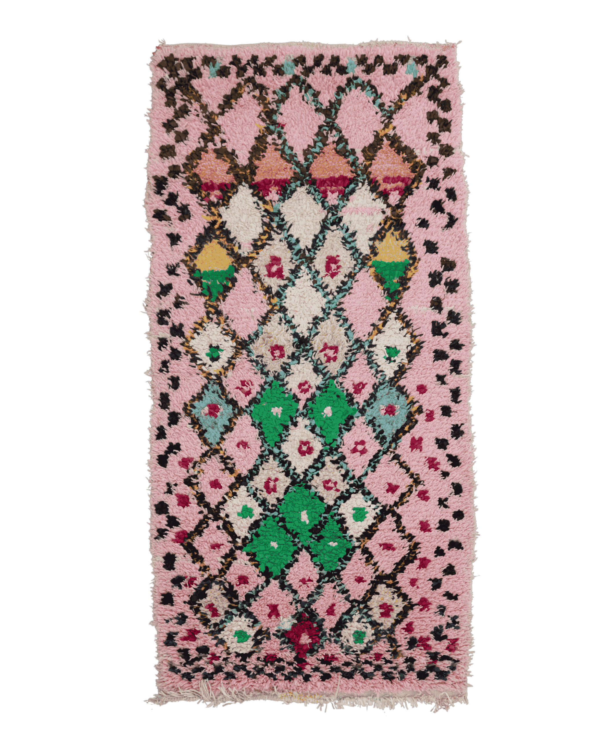 Tappeto passatoia in tessuti riciclati colorati rosa, bianchi, verdi, azzurri, verdi, gialli, con fantasia a rombi e bordo a quadretti neri