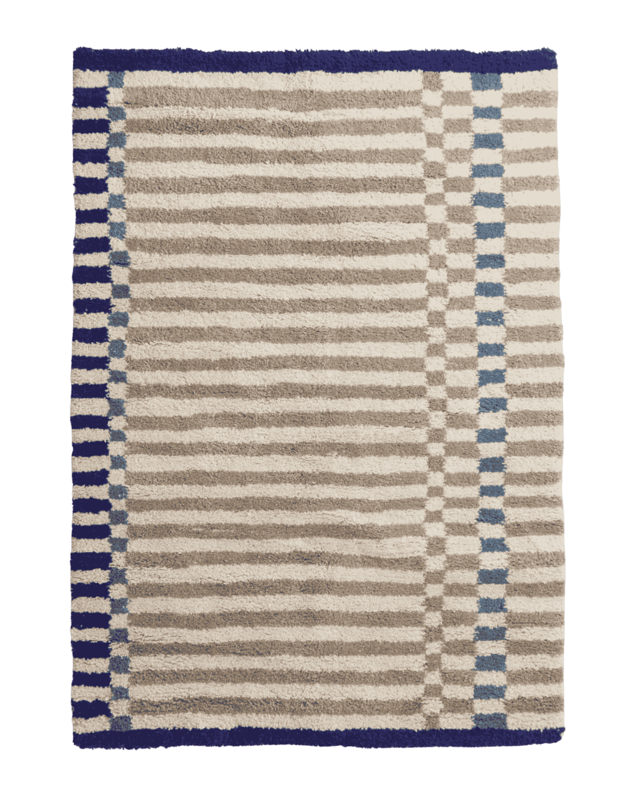 Tappeto marocchino Linhas a righe beige e blu navy in lana naturale, tessuto a mano con motivo geometrico contemporaneo