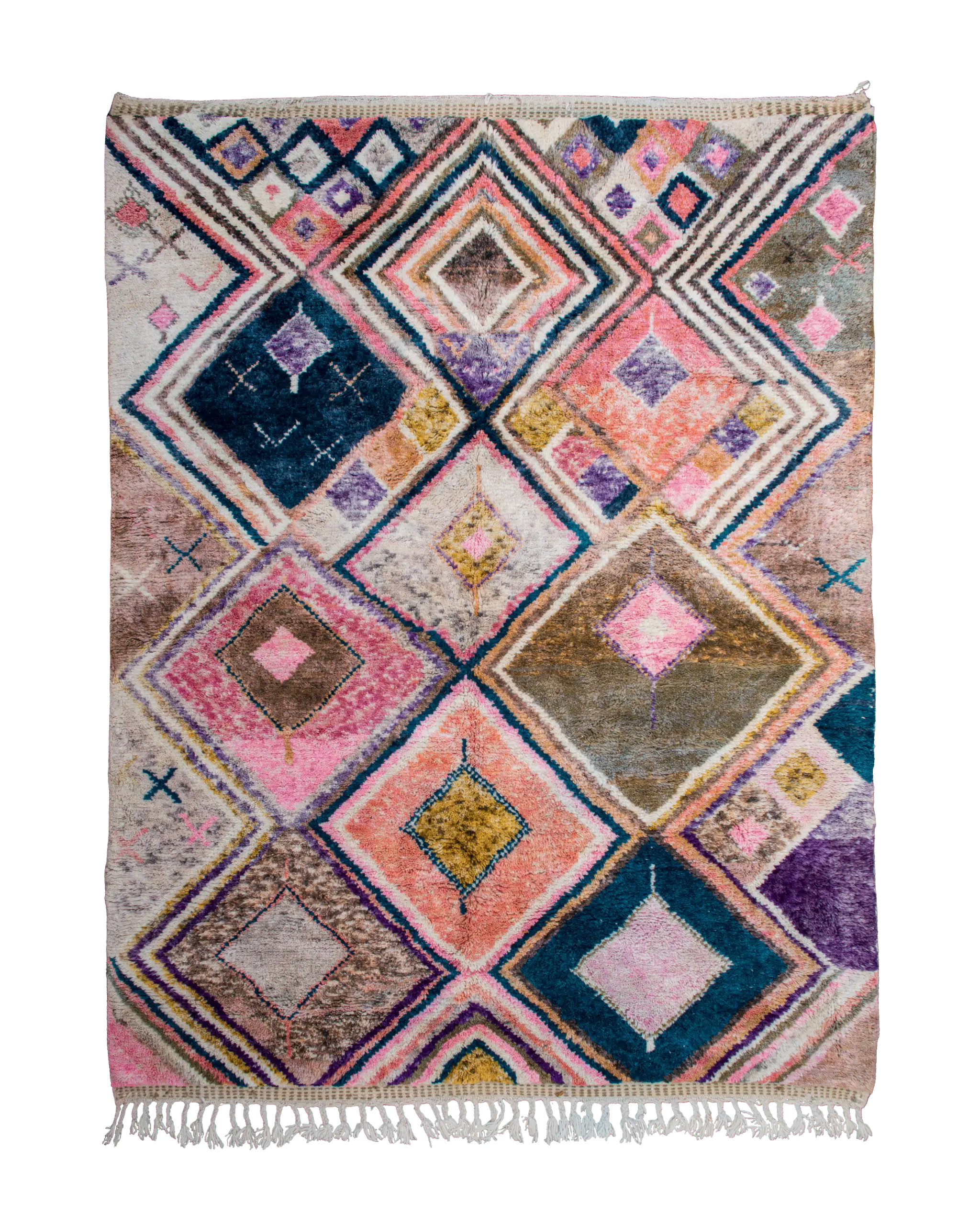 Tappeto a rombi multicolore 285×220 cm in pura lana rosa, corallo, viola, ocra, marrone, beige e blu petrolio effetto delavé