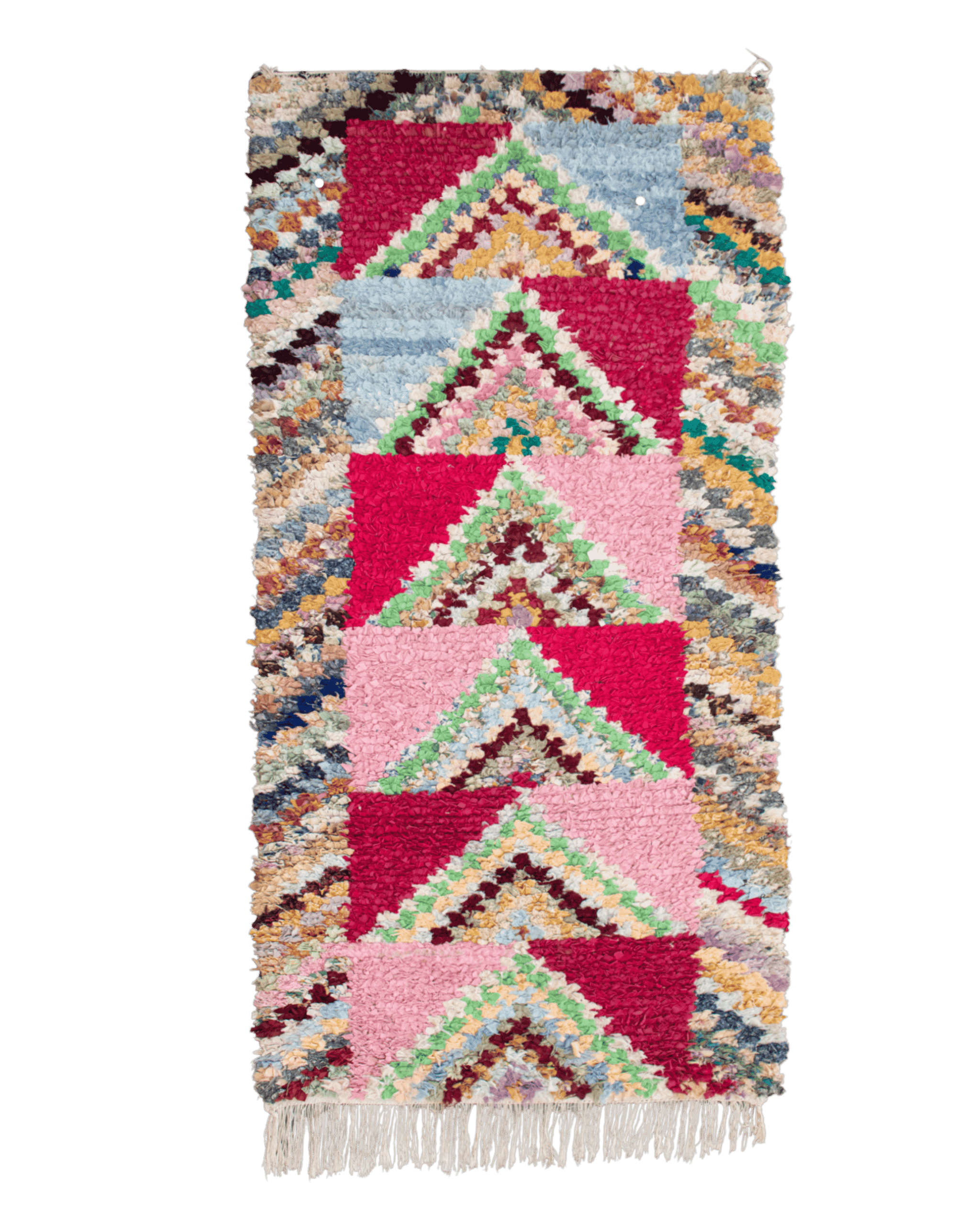 Passatoia in frange di tessuti riciclati annodati a mano con fantasia a quadretti e rombi in colori pastello rosa, azzurro, rosso fragola, verde, giallo, bordeaux