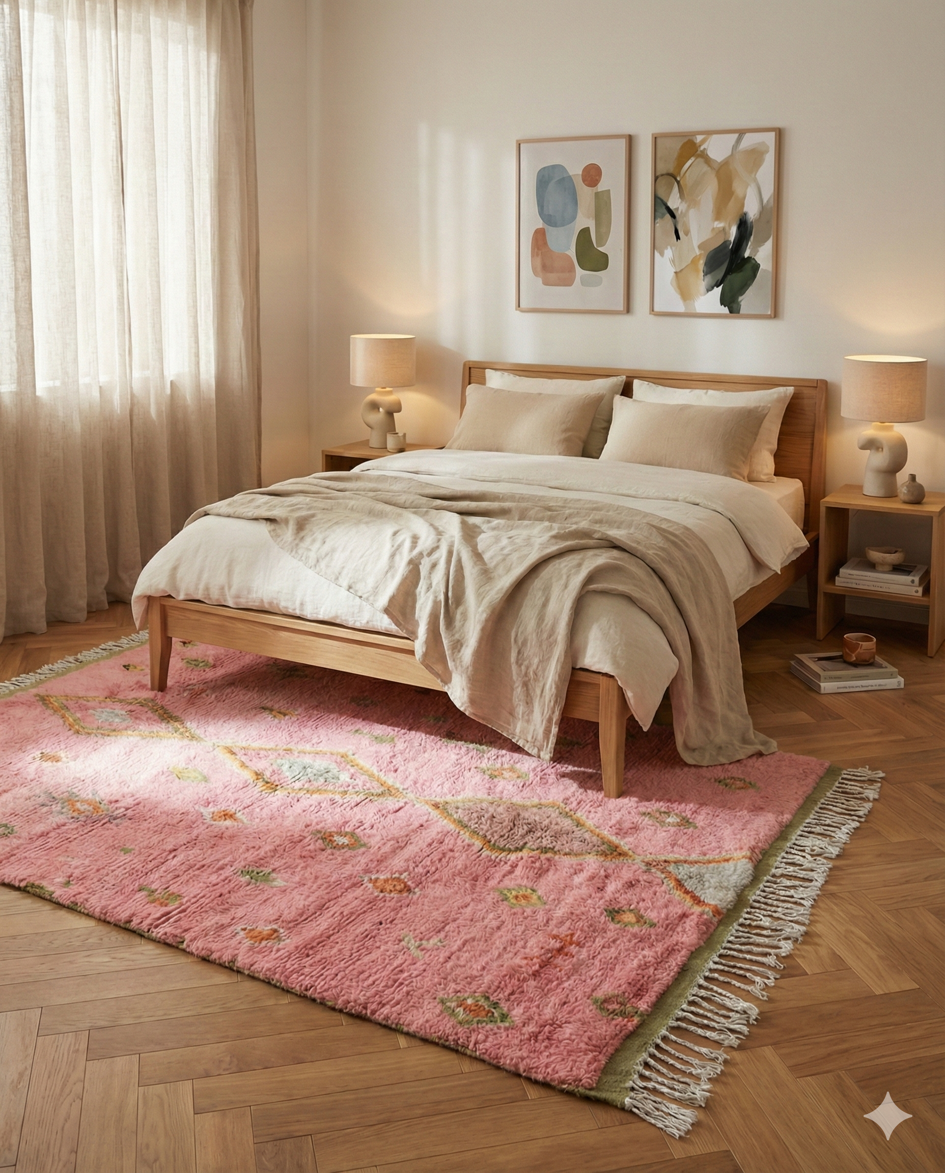 Camera da letto con letto in legno e tappeto berbero in lana rosa e verde con rombi steso ai suoi piedi