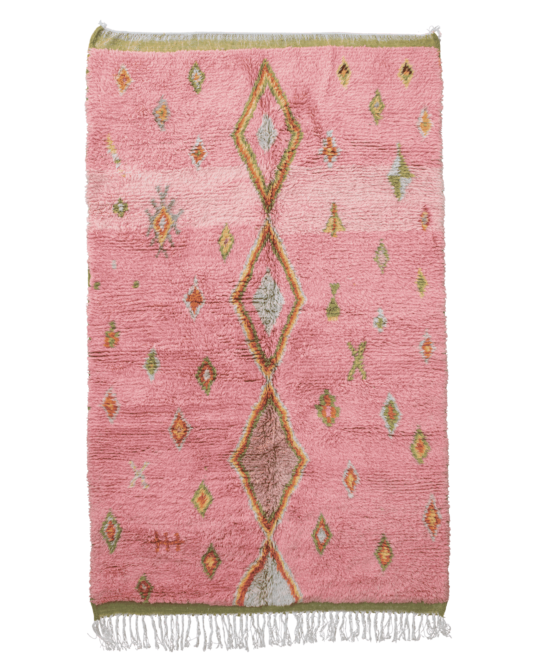 Grande tappeto rosa e verde in pura lana a pelo corto. Fantasia a rombi centrali con piccoli simboli berberi in verde, giallo, arancione, grigio