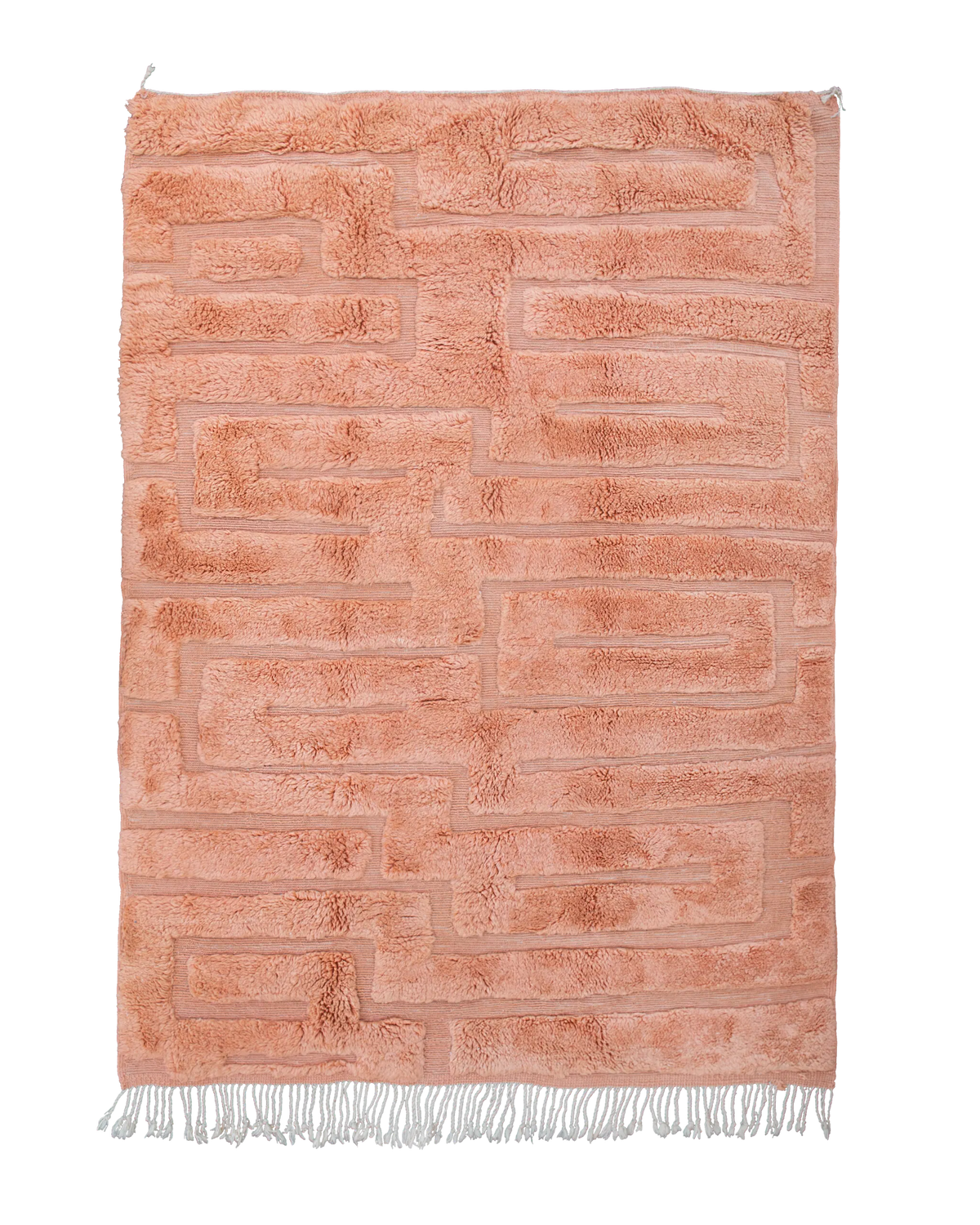 Grande tappeto da salotto Beni Mrirt rosa pesca 286×205 cm in pura lana con design geometrico in rilievo tono su tono