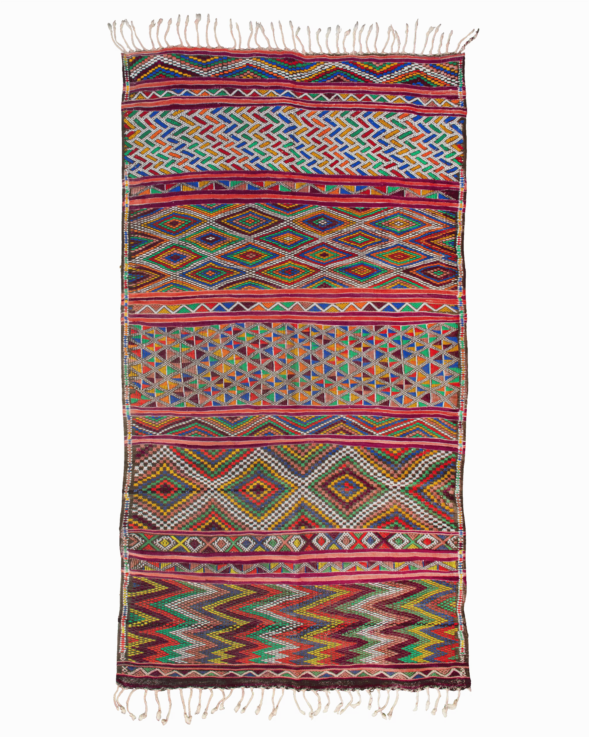 Tappeto berbero Zayane vintage 247×135 cm in lana con motivi geometrici multicolore a rombi, triangoli e zigzag