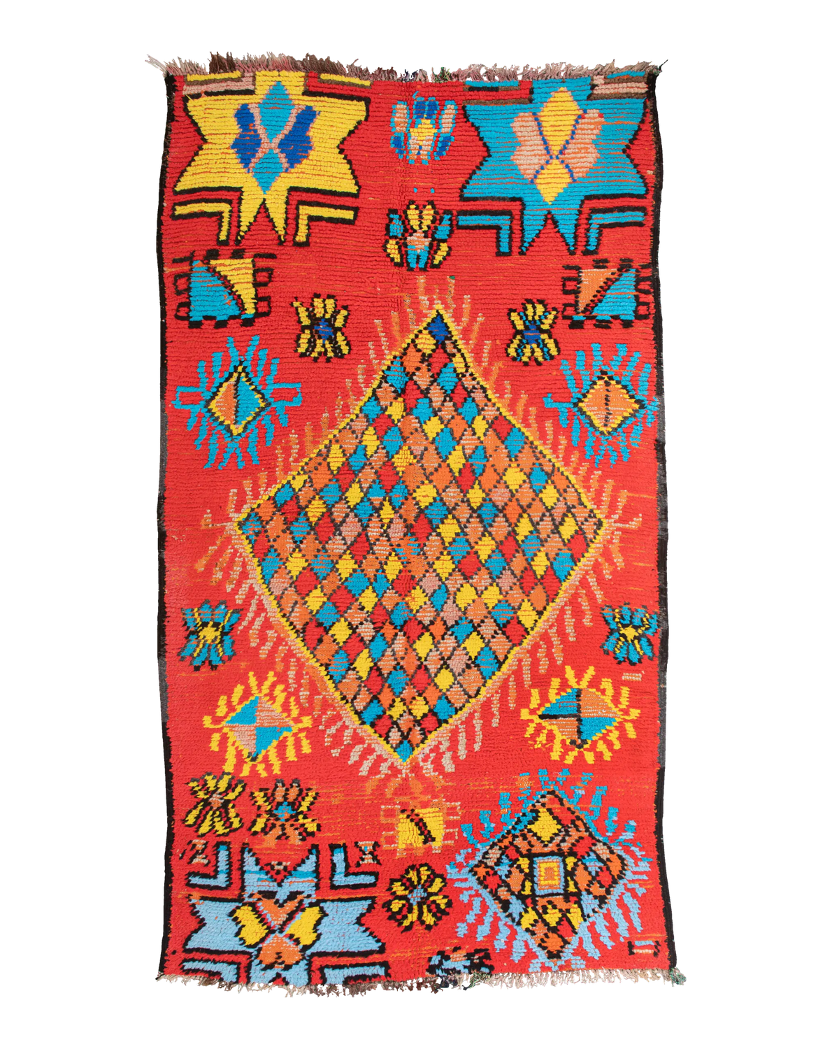 Tappeto vintage marocchino rosso 260×120 cm con medaglione centrale multicolore e motivi berberi