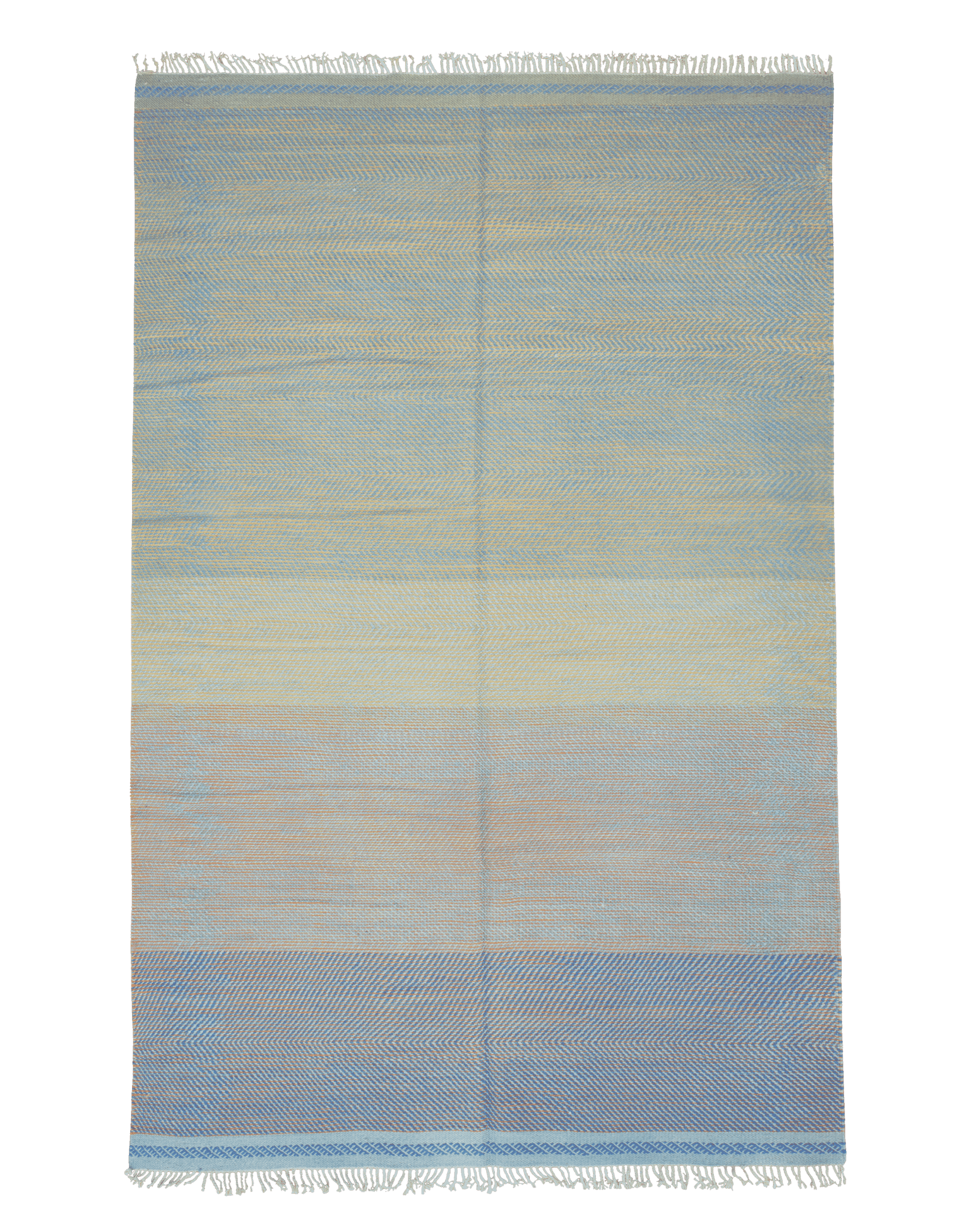 Grande tappeto Zanafi in lana a tessitura piatta, sfumature azzurro blu e giallo, piccole frange su due lati