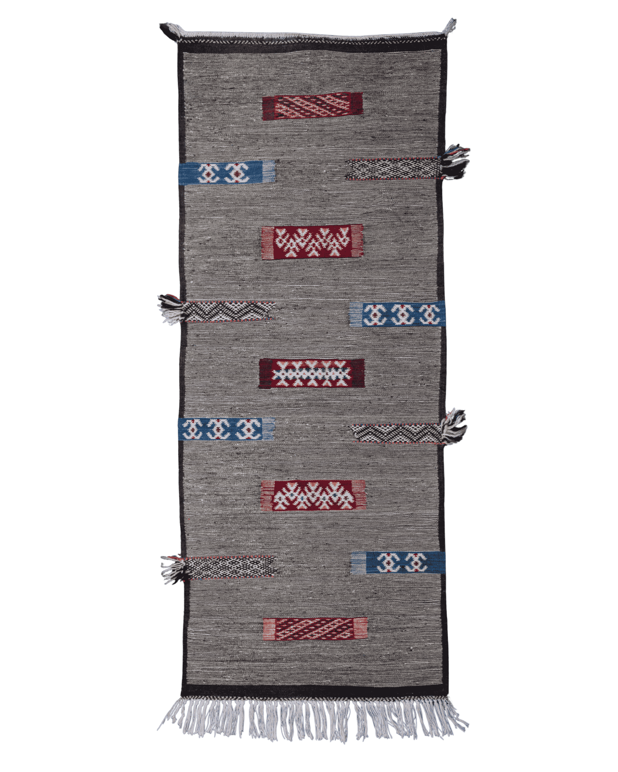 Tappeto kilim lungo e stretto 155x60 cm grigio con rettangoli colorati sparsi e frange lunghe su un lato