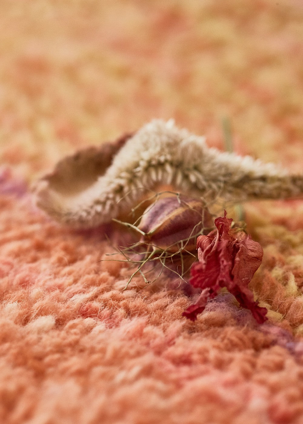 Dettaglio di un tappeto dai toni rosati con fiori secchi in tinta appoggiati sopra
