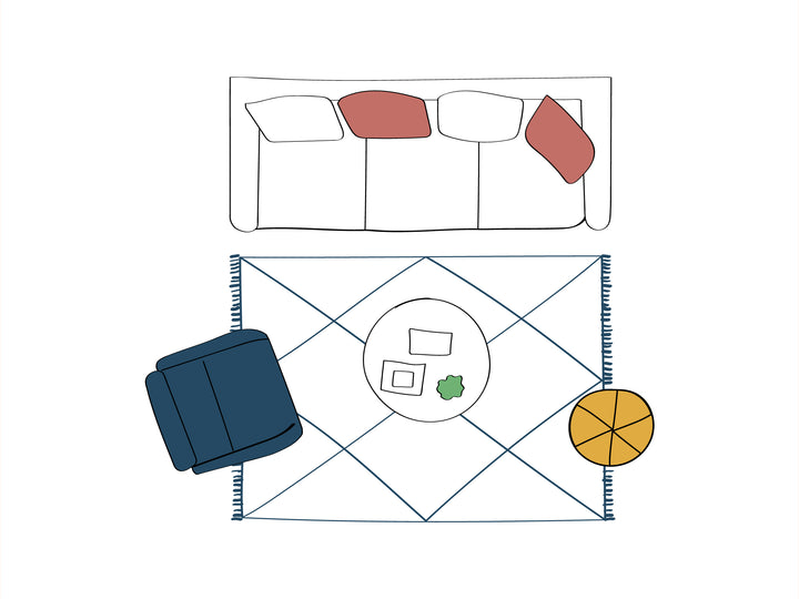 immagini stilizzata di un salotto con un divano a tre posti davanti al quale è posto un tappeto di pari lunghezza, una poltrona un tavolino e un pouf giallo