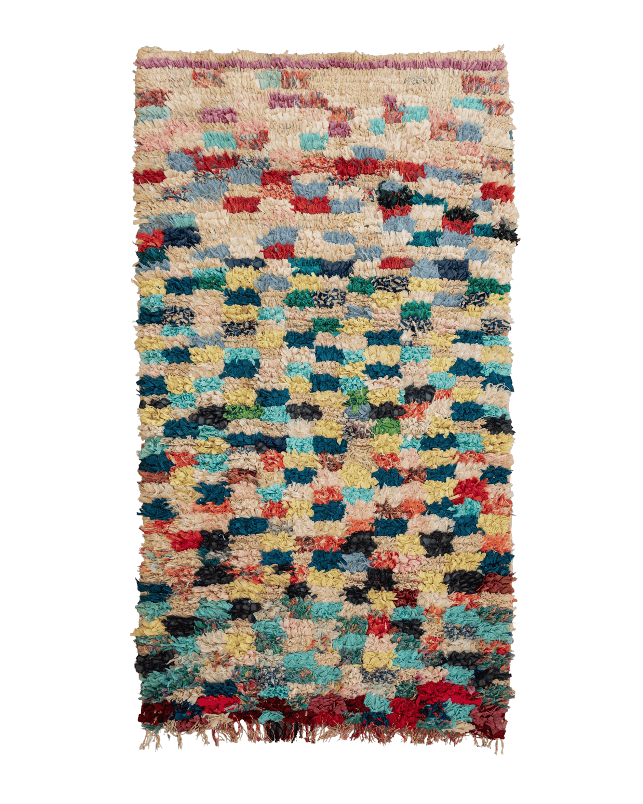 tappeto a quadretti multicolore in tessuti riciclati annodati a mano 195x100 cm