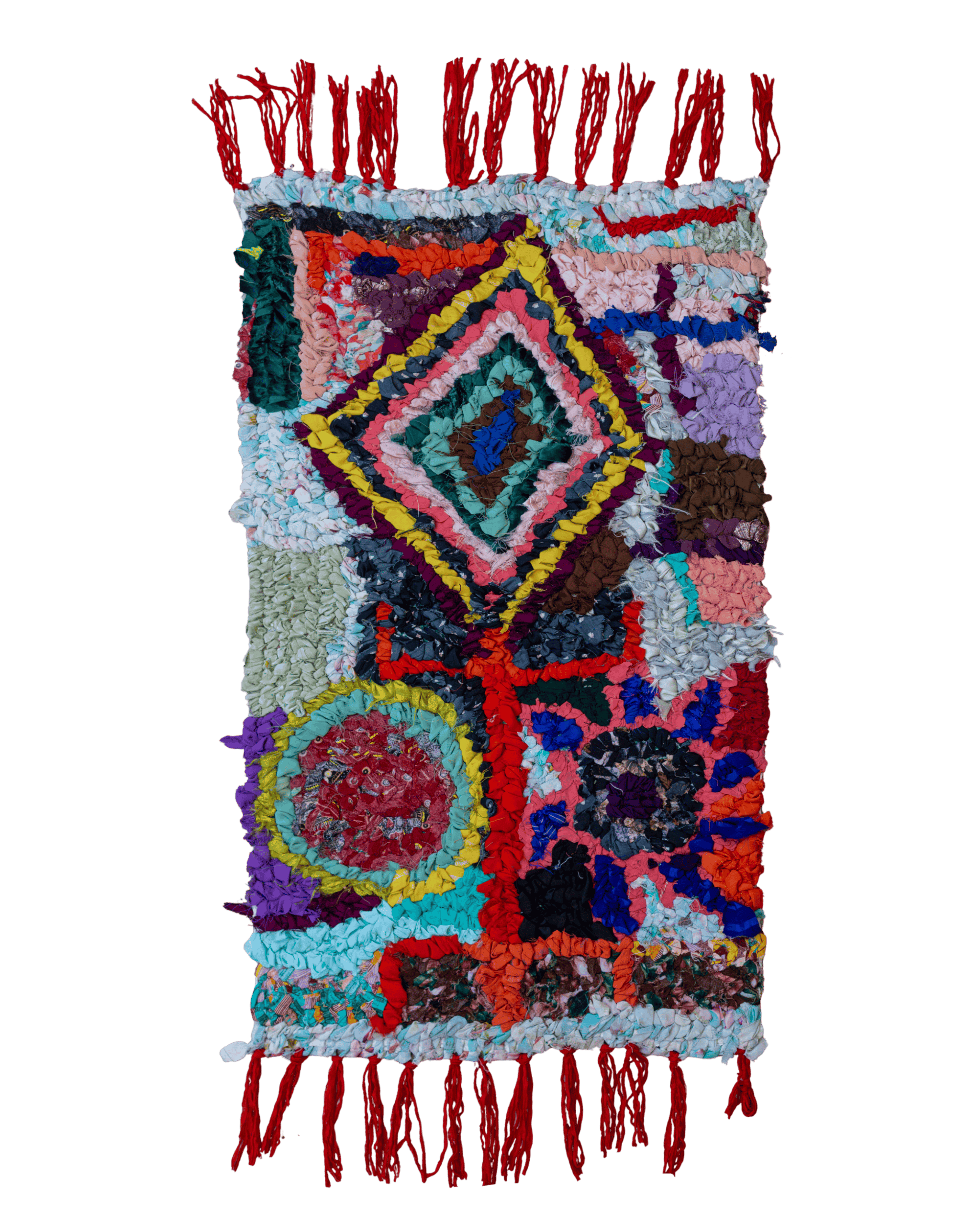 Tappeto / arazzo Zindekh multicolore con rombo centrale, simbolo rosso ⵣ, medaglioni colorati e frange rosse