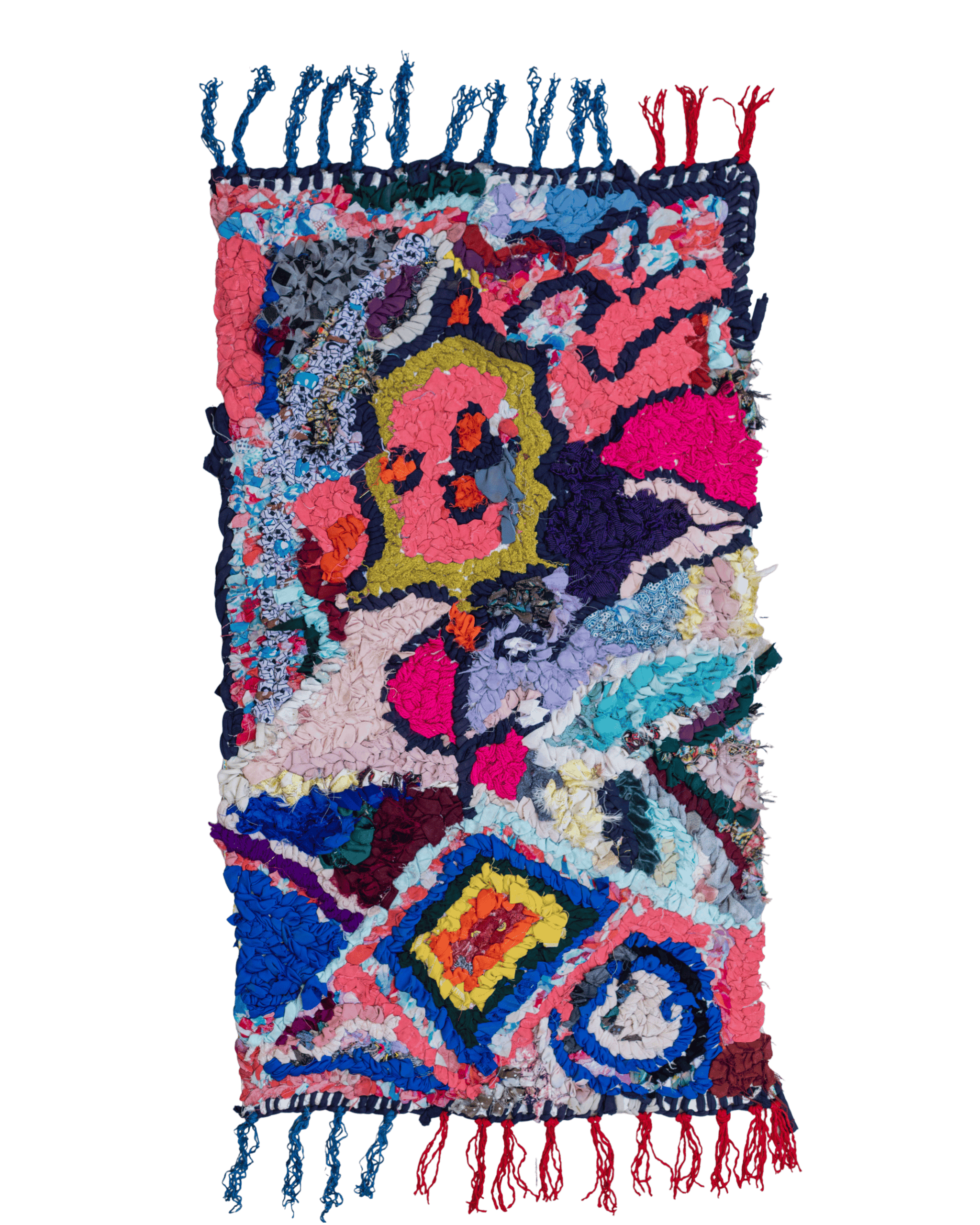 Tappeto d'arte tessile marocchina utilizzabile come arazzo realizzato in tessuti riciclati annodati a mano su base in plastica di recupero, fantasia astratta in colori pop